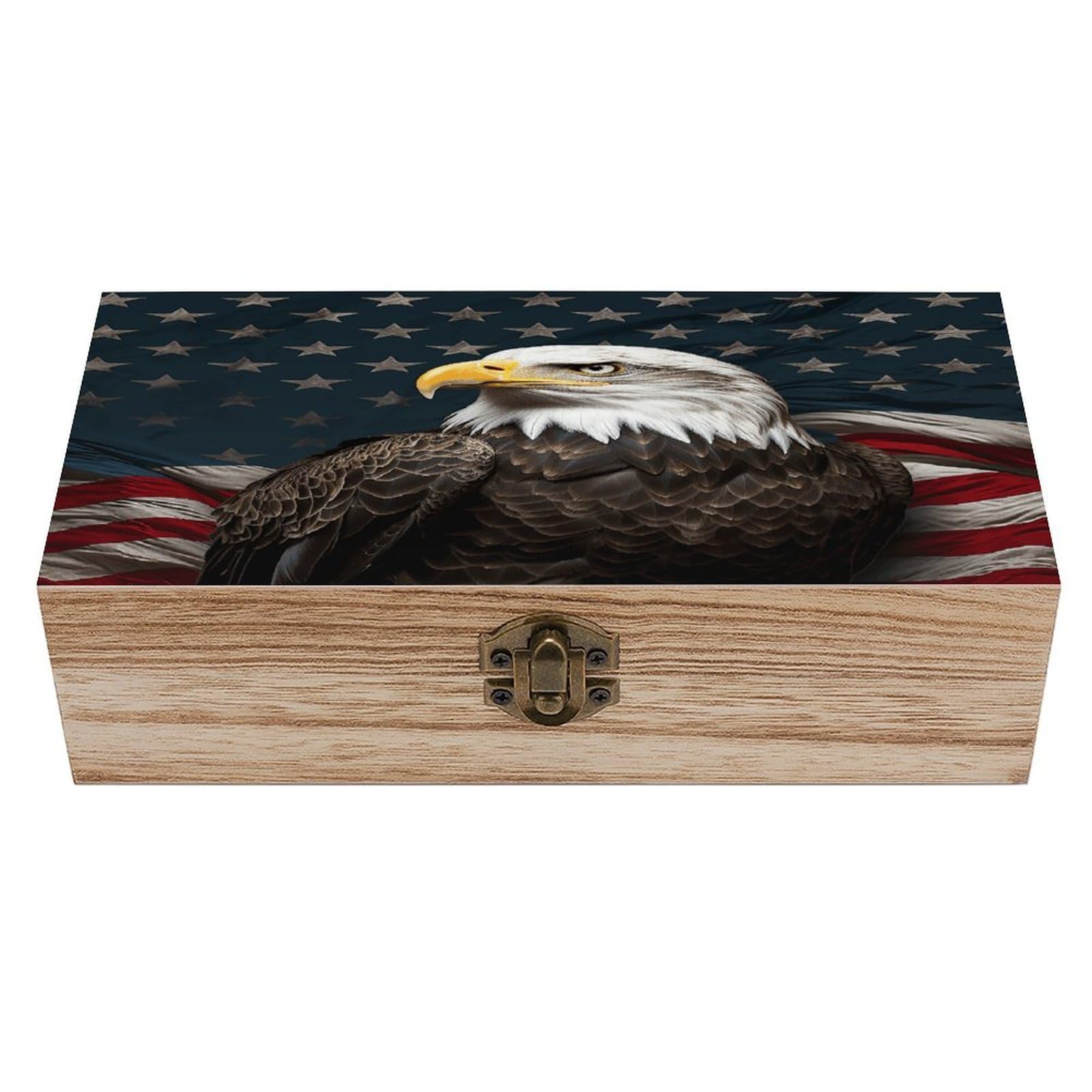 American Bald Eagle Sitting on Flag Ribbon Wooden Storage Box Wooden Keepsake Box with Hinged Lid Exquisite Solid Wood Decorative Jewelry Case Memory Box for Jewelry Photos Letters Crafts Trinkets