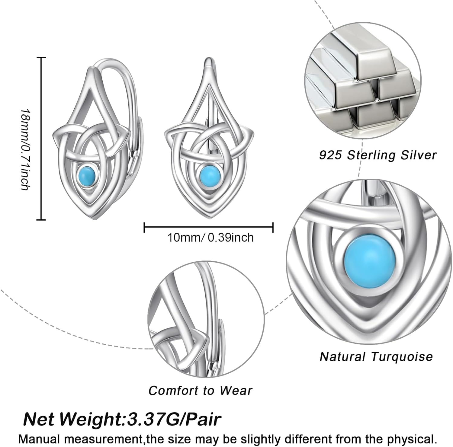 Leverback Earring for Women Girls Sterling Silver Dangle Drop Hoop Earrings Celtic Moonstone/Animal/Ankh Lever Back Hoops for Women Teens Birthday Anniversary Earrings Hypoallergenic - Image 3