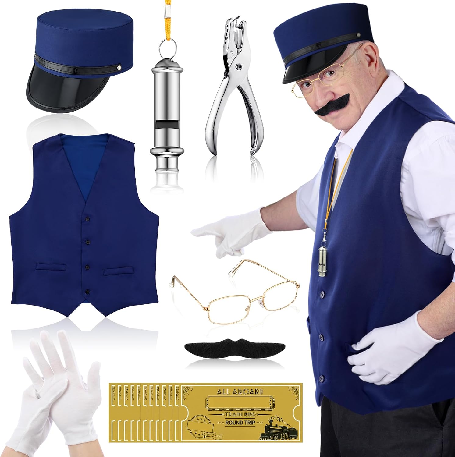 Newcotte 31 Pcs Christmas Train Conductor Costume Adult Polar Conductor Hat Vest Christmas Train Party Costume for Men Women