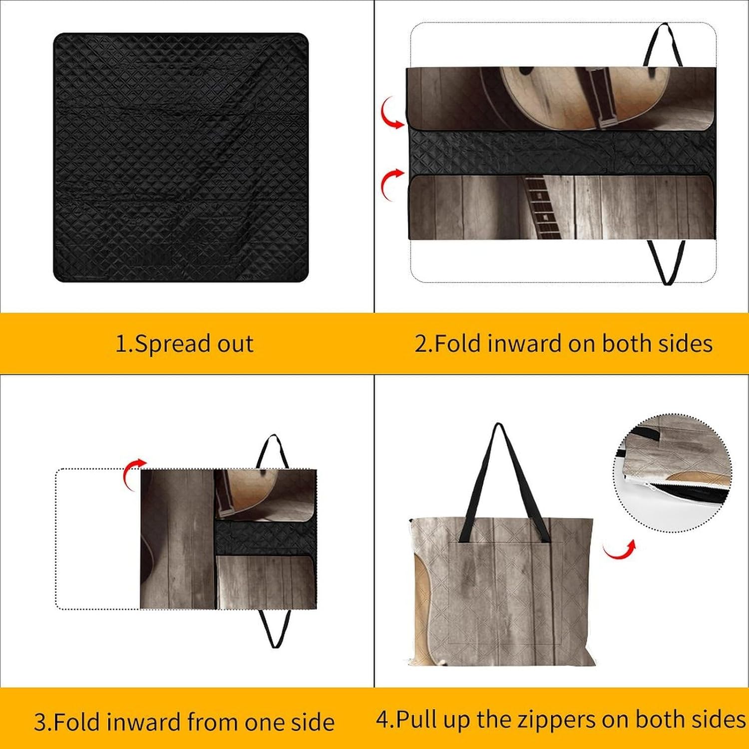 Guitar Pictures Picnic Blanket with Zipper Water Resistant Sand Free Picnic Mat Washable Foldable Easy Carry Beach Blanket for Lawn Beach Hiking Camping