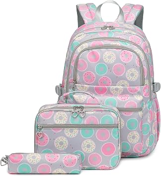 Joyfulife Teen Girls School Backpack Kids Bookbag Set with Lunch Box Pencil Case Travel Laptop Backpack Casual Daypacks Donut
