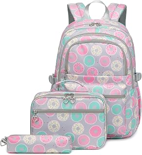 Joyfulife Teen Girls School Backpack Kids Bookbag Set with Lunch Box Pencil Case Travel Laptop Backpack Casual Daypacks Donut