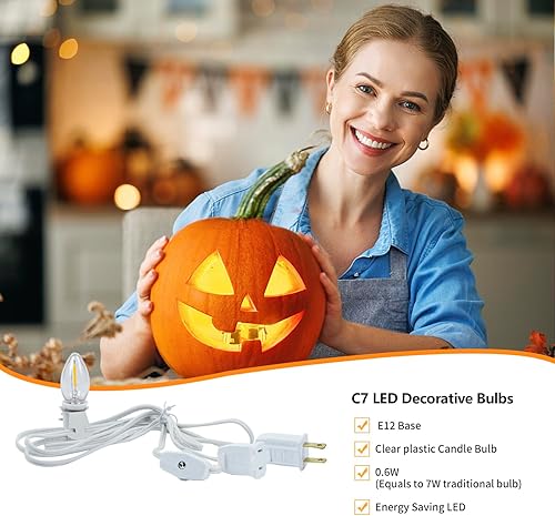 Miniatura 4 de Cable de accesorio con cadena con tres (3) bombillas LED de candelabro C7E12, cable de luz de molde de soplado de 8 pies con enchufes macho y hembra