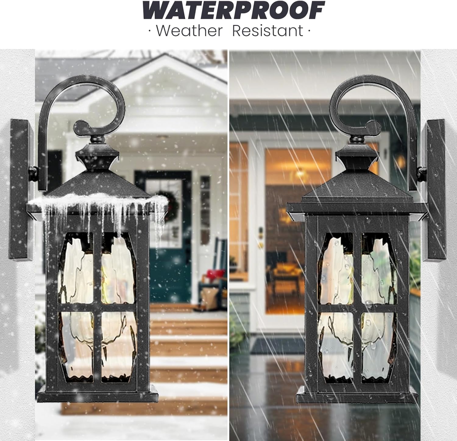 Outdoor Wall Sconce Waterproof Porch Lights Outdoor Matte Black Exterior Lighting Fixtures with Water Ripple Glass for House Garage Doorway 21.2 Inch E26 Socket