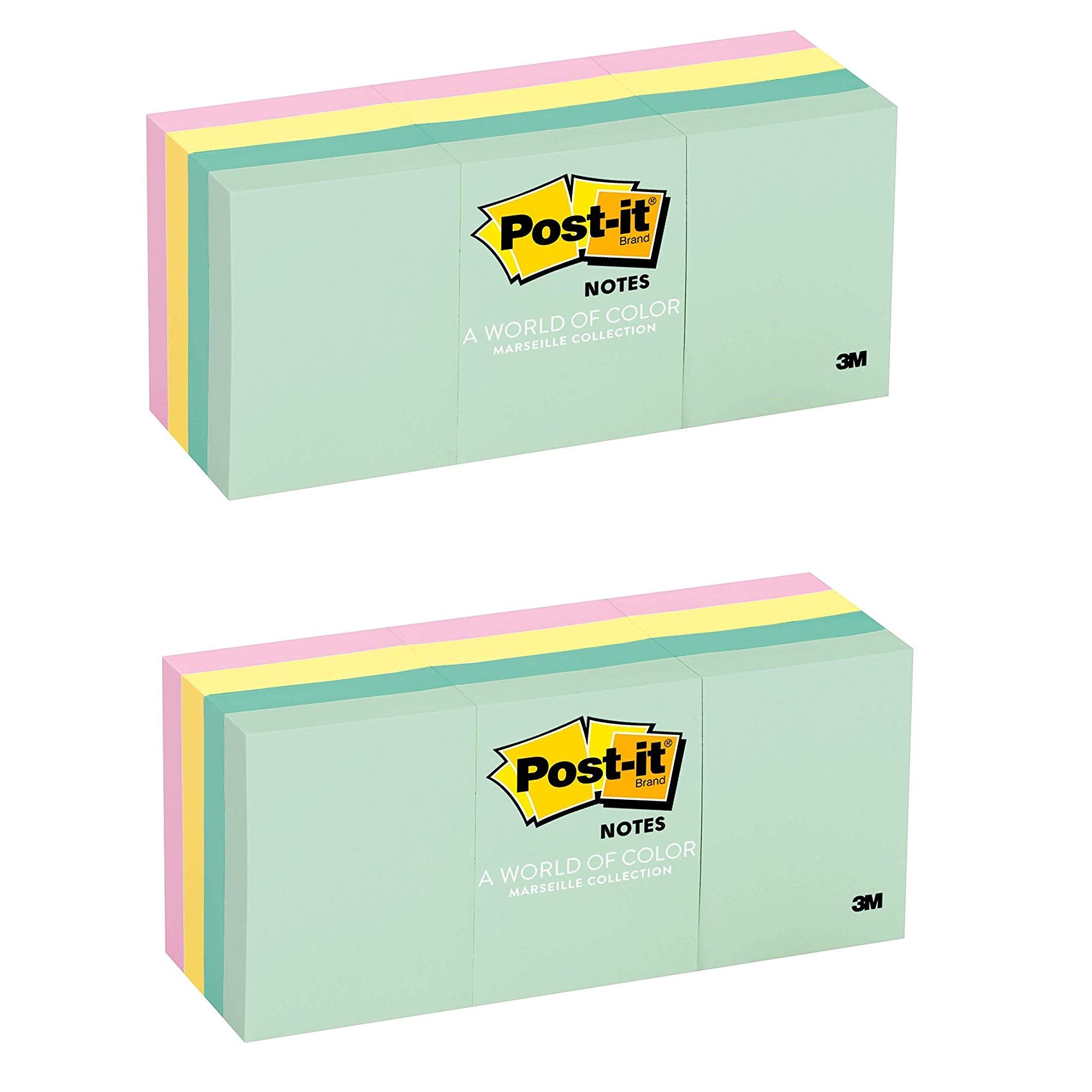Post-it Notes Haftnotizen, Amerikas #1 Favorite Sticky Note, 7,6 x 7,6 cm, Marseille Collection, 12 Blöcke/Packung, 100 Blatt / Block (654-AST), 2 Stück 24 Pads