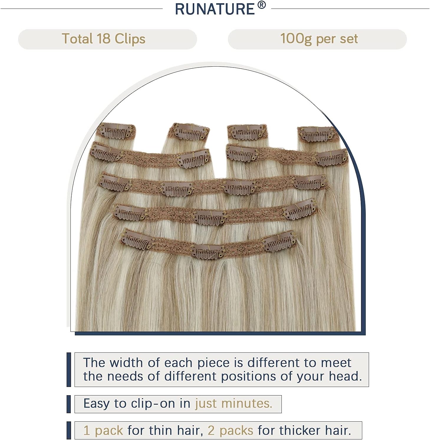 RUNATURE Hair Extensions Clip in Real Hair Extensions Clip in Human Hair 16inch Clip in Hair Extensions Real Human Hair Ash Blonde Highlights Platinum Blonde 100g 7pcs #18P60 - Image 3