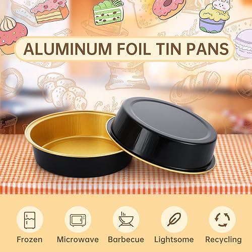 Miniatura 4 de ALEXPRE 50 mini latas para tartas con tapas, moldes de aluminio de 4 pulgadas y 8 onzas, mini moldes desechables individuales para tartas, moldes