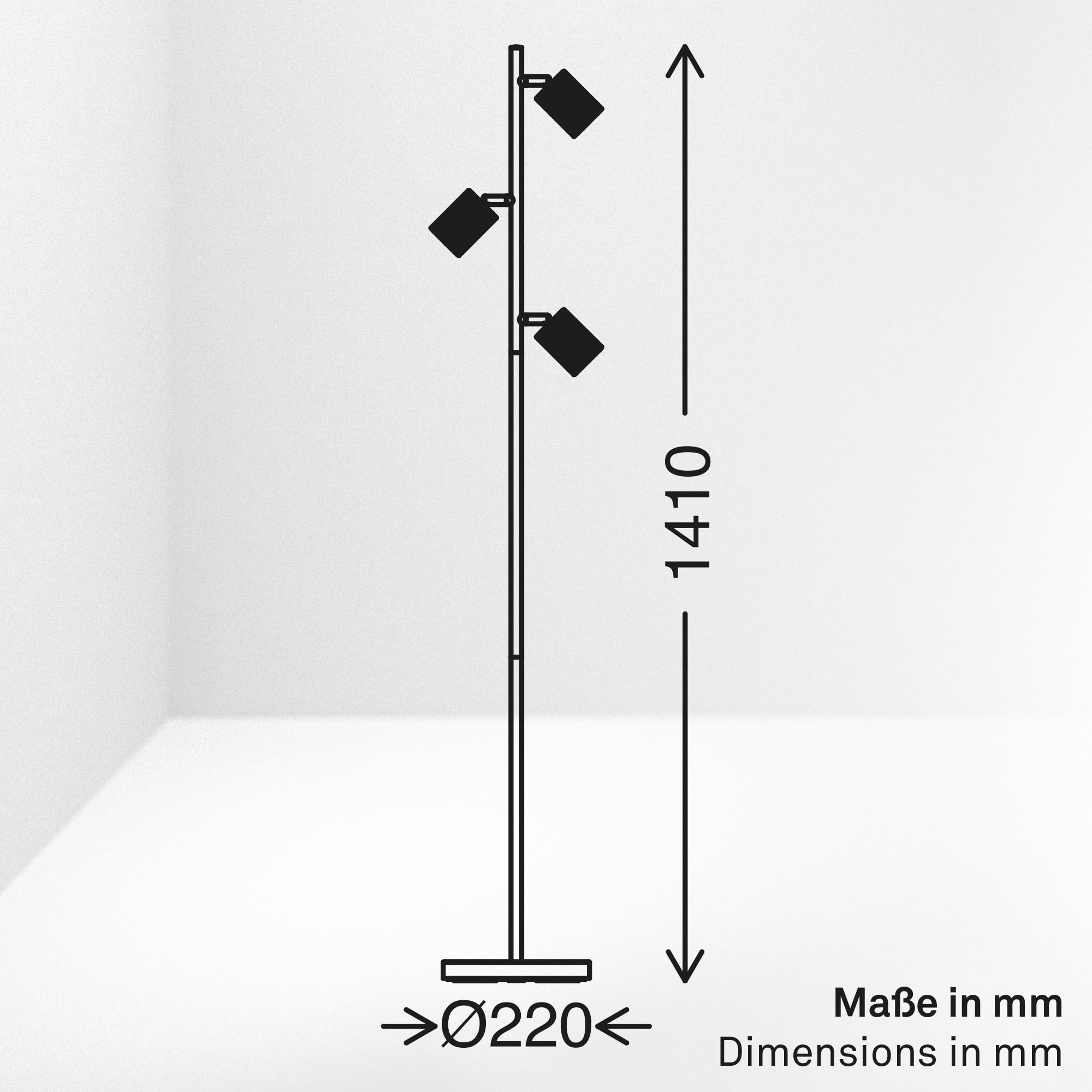 BRILONER - Stehlampe mit Fußtaster, 3x GU10, Schwenkbar, 22x141cm, Schwarz