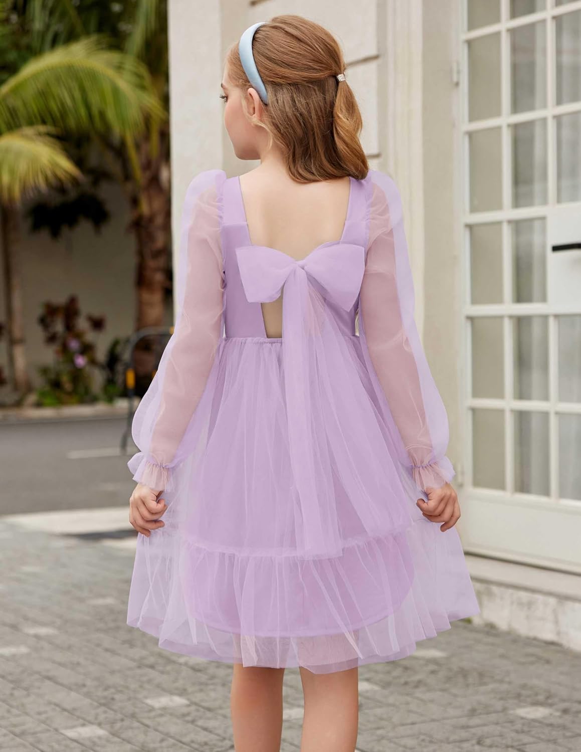 Arshiner Girls Tie Back Dress Puff Long Sleeve Formal Square Neck Party Tulle Dresses - Image 3