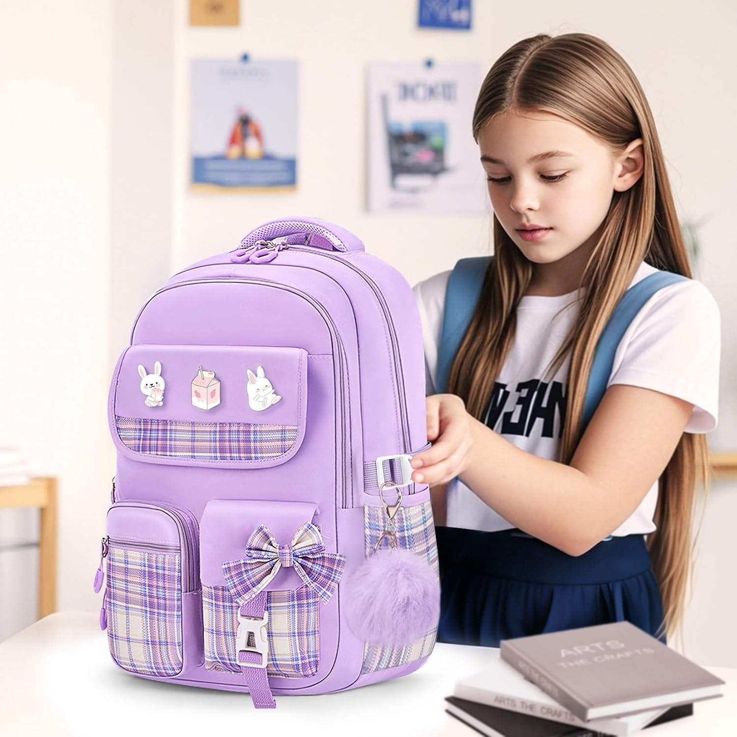 School Backpacks for Girl - 5PCS Cute Girls Backpack with Lunch Box Set for Kids Teens Elementary Middle School,18" Large Capacity Bookbag with Multiple Pockets,Perfect for Travel and School