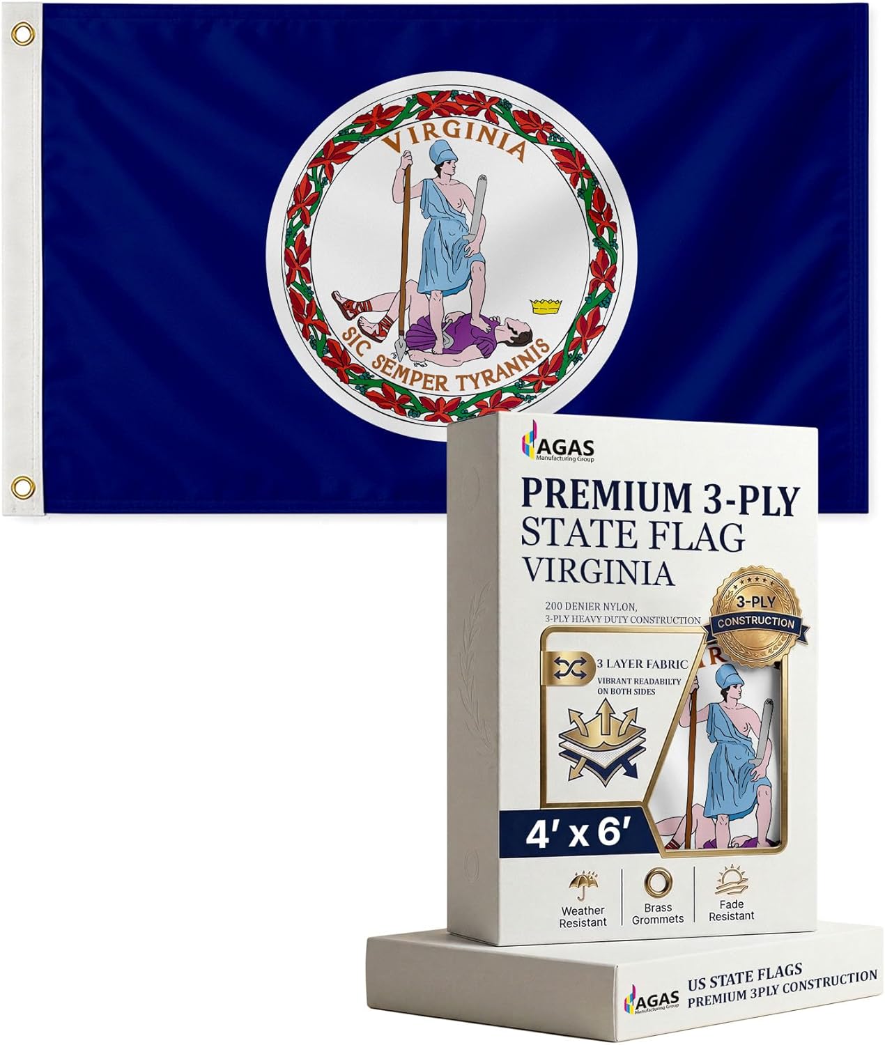 AGAS Virginia State Flag 4x6 Ft - Double-Sided, 3-Layer Fabric, Heavy-Duty 200 Denier Nylon Flag with Brass Grommets - Premium Quality. Correctly Readable on Both Sides -Ideal for Patriotic Outdoor Displays.