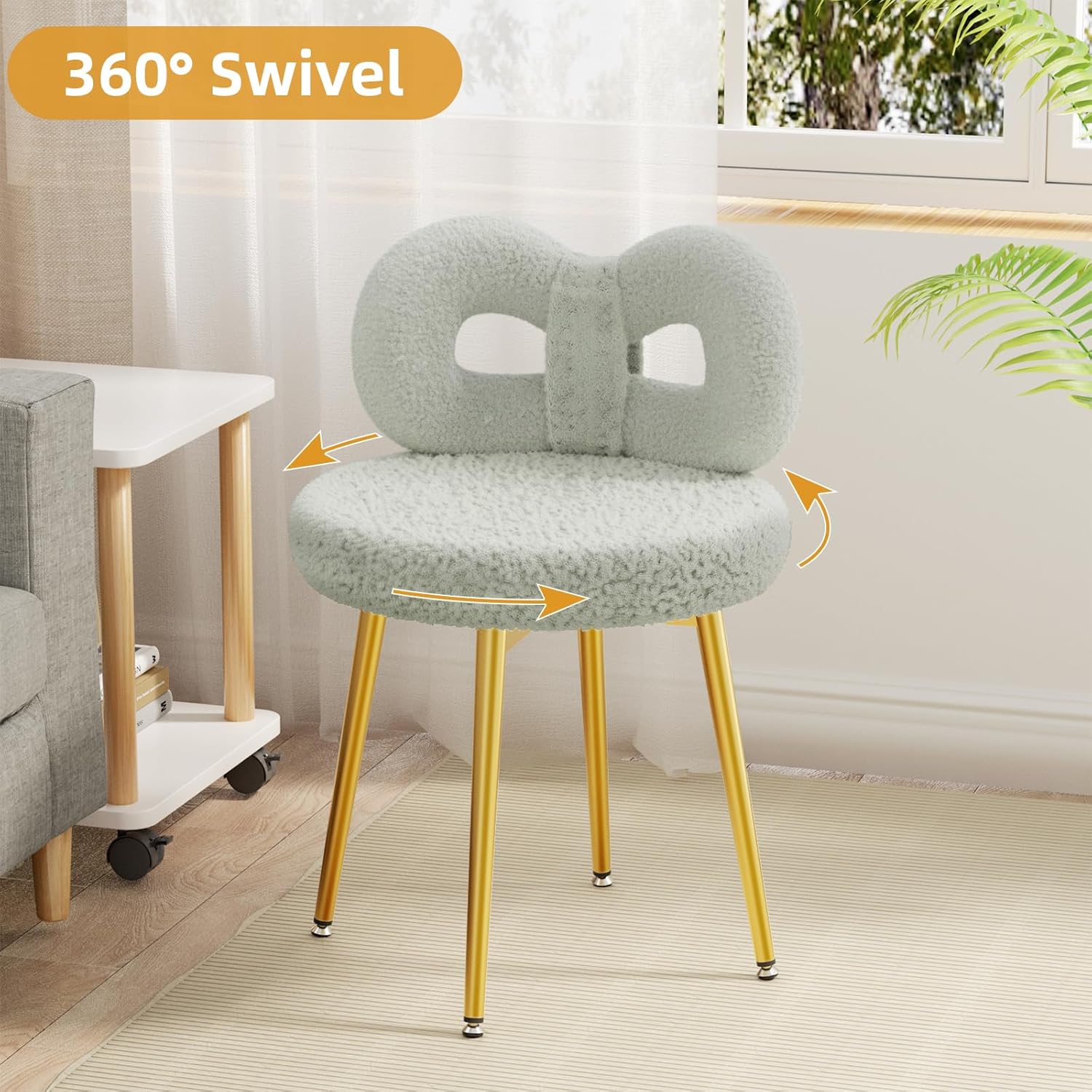 ROOMTEC Swivel Vanity Chair with Back, Upholstered Desk Chair for Girls, Modern Makeup Vanity for Bedroom, Living Room (Grey with Golden Leg)