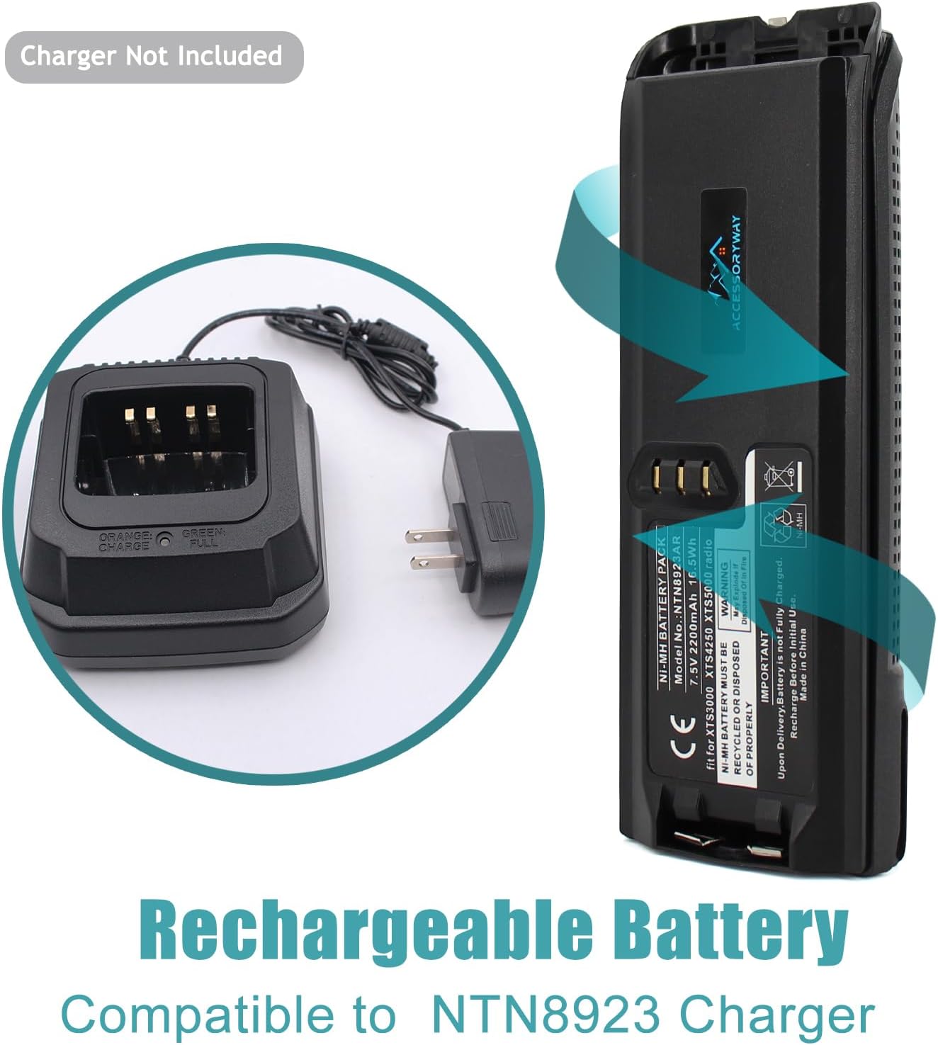 Replace NTN8923 7.5V 2200mAh Ni-NH Battery cormpatible for Motorola XTS5000 XTS3500 XTS3500 Tetra MTP200 MTP300 radios Replacement Battery NTN8924 NTN8923AR with clip - Without IMPRES funtion