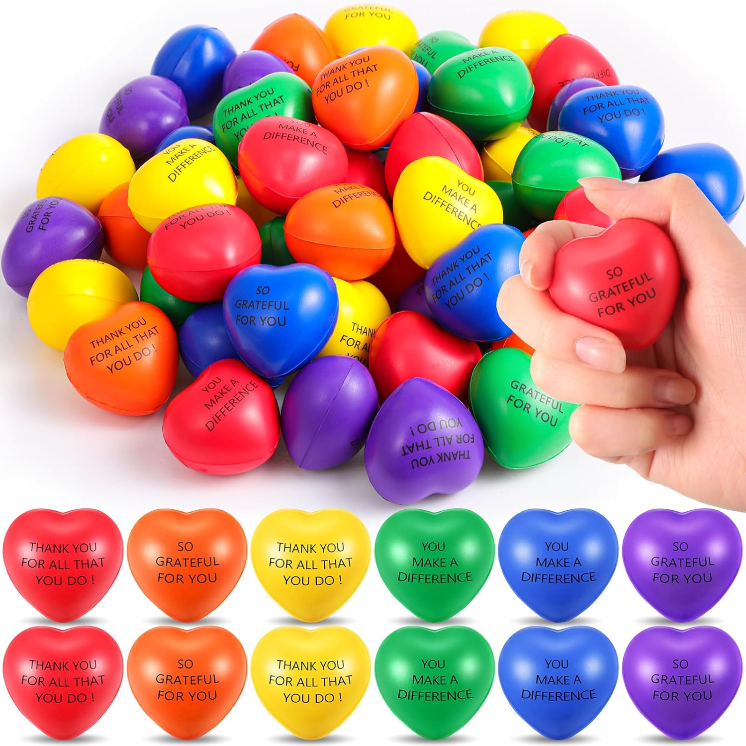 Meooeck 90 Pieces Valentine's Day Heart Stress Balls Bulk Appreciation Heart Shaped Motivational Foam Stress Ball 1.58'' Colorful Thank You Gifts for Coworkers Teachers Wedding Party Favors