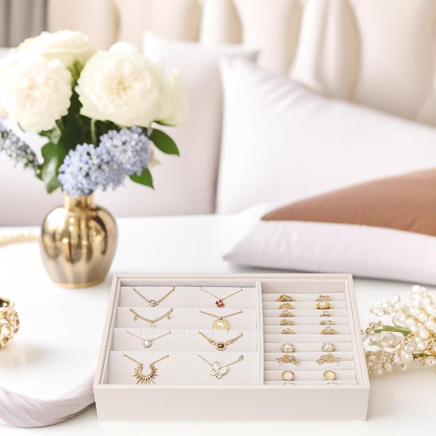 Vlando Stackable Jewelry Tray - Premium Multipurpose Jewelry Accessories Display Storage and Organizer for Earring Necklace Bracelet Ring, Beige