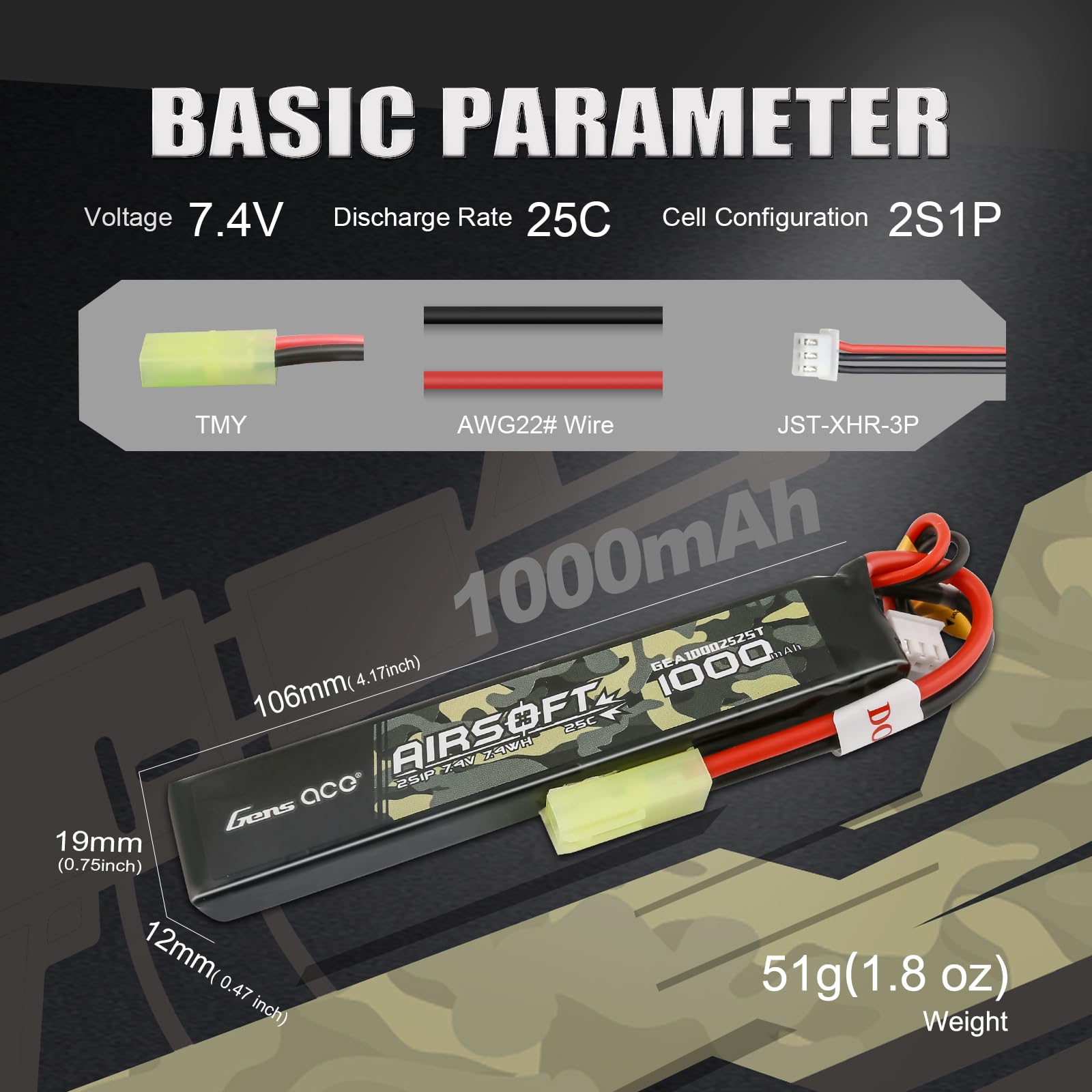 Gens ace 25C 1000mAh 2S1P 7.4V Airsoft Battery with TMY Plug