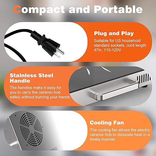 Miniatura 5 de Estufa eléctrica de 2 quemadores  Estufa eléctrica portátil de 24 pulgadas, 110 V, 2000 W, encimera de doble quemador de cerámica con panel de
