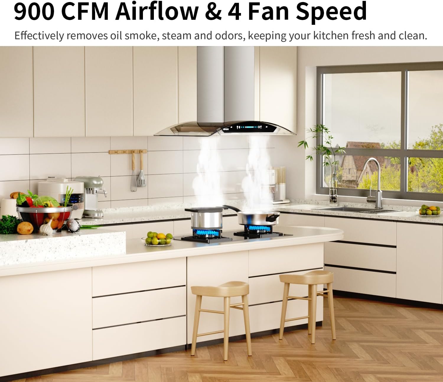 IKTCH Upgrated 30 inch Island Mount Range Hood, 900 CFM Ducted Range Hood with 4 Speed Fan, Stainless Steel& Tempered Glass with Gesture Sensing&Touch Control Making life Smarter IKIS01-30