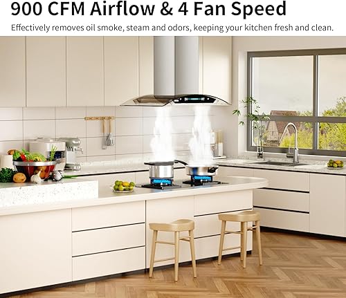 Miniatura 24 de IKTCH Campana extractora mejorada de 36 pulgadas, campana extractora de conductos de 900 CFM con ventilador de 4 velocidades, acero inoxidable