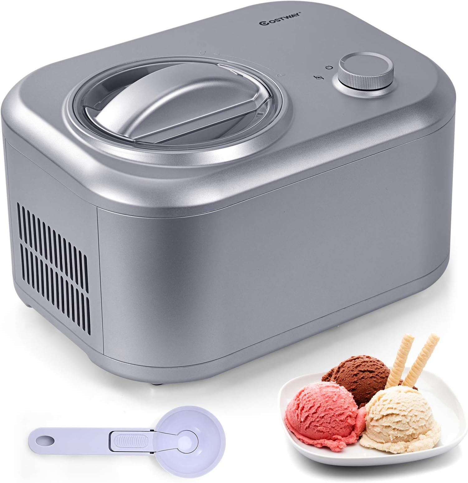 COSTWAY Ice Cream Maker, 1.1-Quart Automatic Electronic Gelato Maker with 3 Operation Modes, Built-In Compressor, Portable Homemade Dessert Maker with Spoon, Ice Cream Machine for Home, Dorm (Silver)