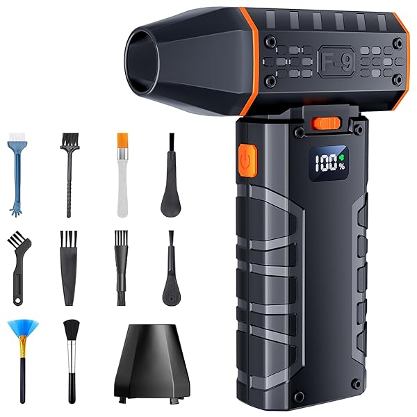 Compressed Air Duster - 100 - Gear Adjustable 130,000 RPM Rechargeable Cordless Electric Air Duster with Display Screen, Mini Dust Blower for Computer, Keyboard, Home, Car Cleaning (Black + Orange)