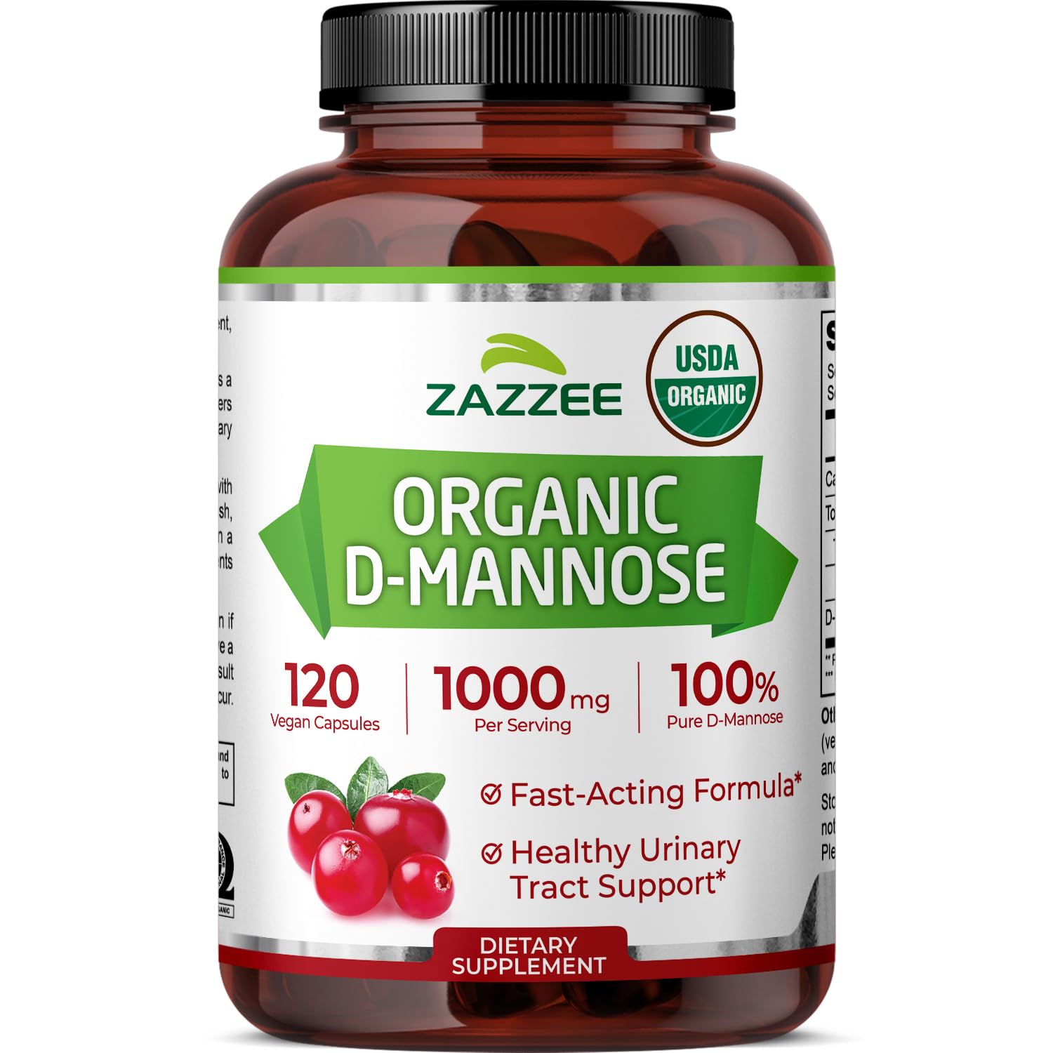 Zazzee USDA Organic D-Mannose, 1000 mg Per Serving, 120 Vegan Capsules 120 Count (Pack of 1)