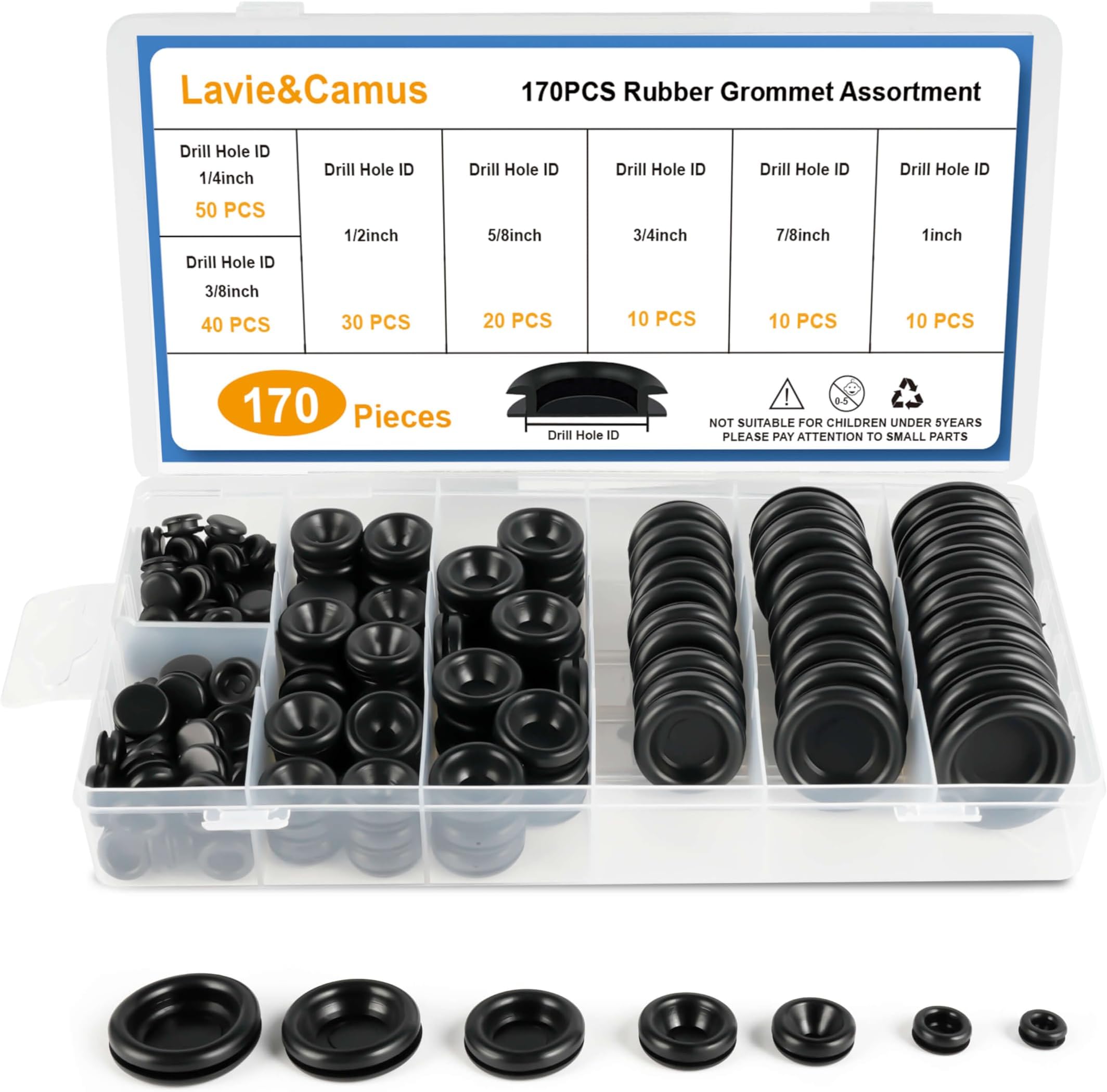 170PCS Rubber Grommet Kit - Closed Rubber Hole Plugs, Firewall Grommets for Automotive Wiring Protection - 7 Sizes: 1/4" to 1" Drill Hole