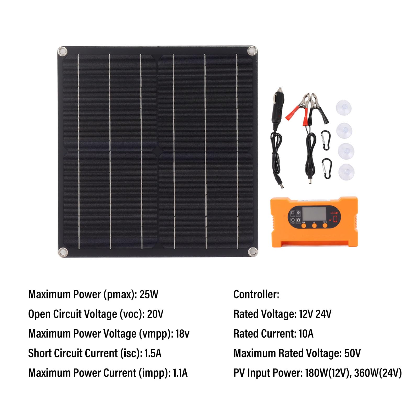 Kit Pannello Solare Intelligente da 25 W 10 A in Silicio Monocristallino con Controller Ad Azionamento Diretto, Batteria Senza Batteria 12 V 24 V per Illuminazione Utensili Elettrici