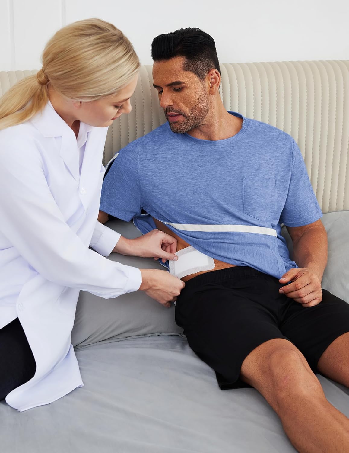 Deyeek Men's Post Shoulder Surgery Shirts Recovery Tear Away Short Sleeve Full Open Side Snap Adaptive Chemo Clothing - Image 3