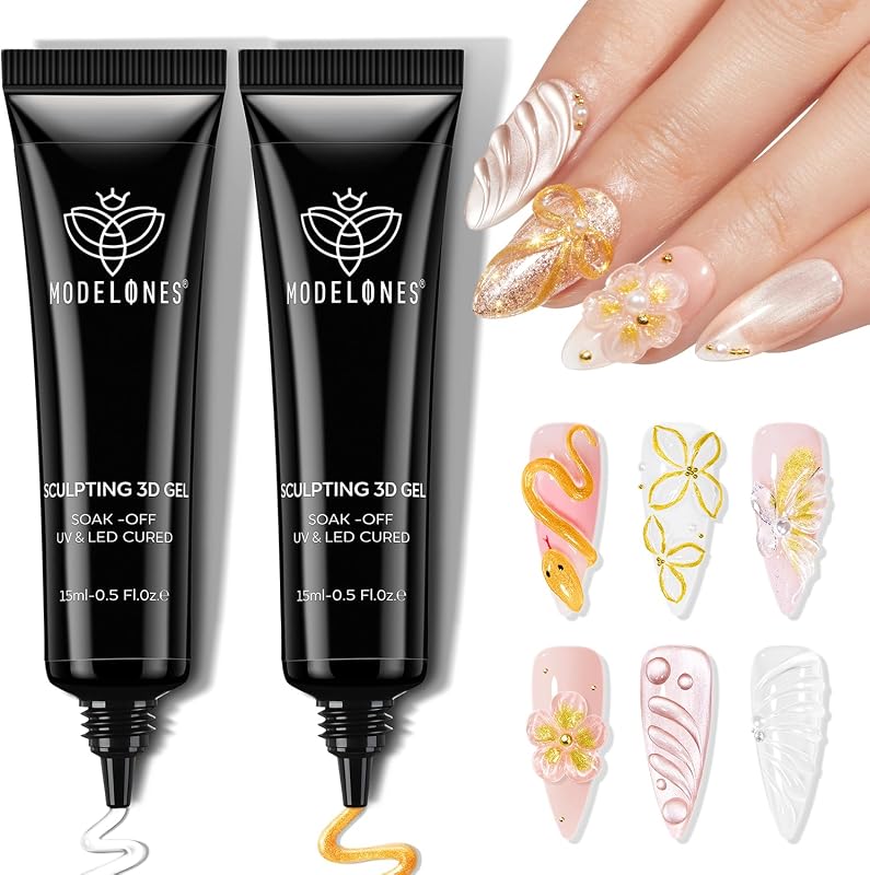 Modelones 3D Gel Nail Art Moldeado transparente y dorado U V Cure Sin toallita 15 g 2 piezas | Abalorios de Gel para esculpir, gemas, uñas cromadas, pegamento de diamantes de imitación, pintura tallada, dibujo, diseño elevado, material de manicura DIY para principiantes