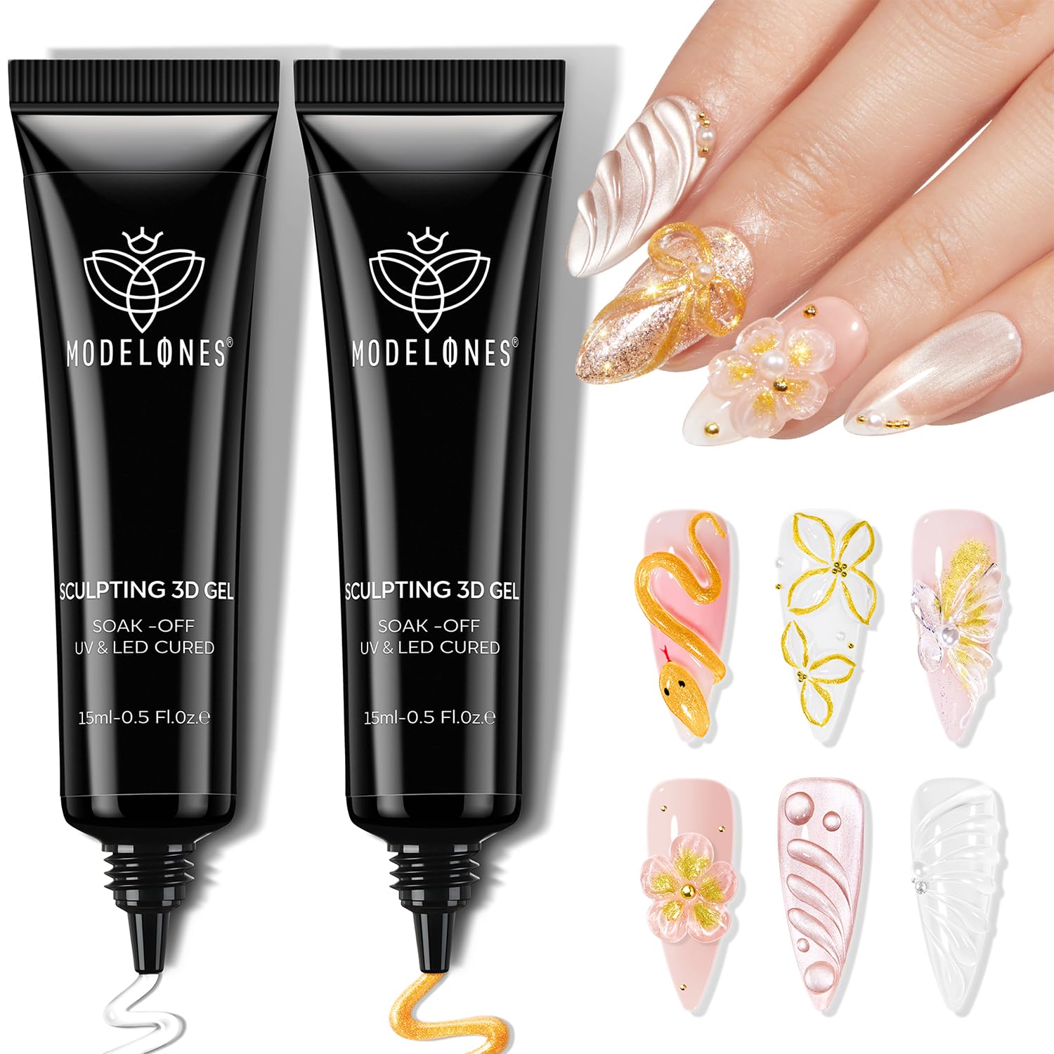 modelones 3D Gel Nail Art, 2Pcs Clear Gold Sculpting Gel Nail Glue for Nail Charms Gems Chrome Nail Powder Rhinestone No Wipe Molding Nail Art DIY Home for Drawing Designs 15g*2
