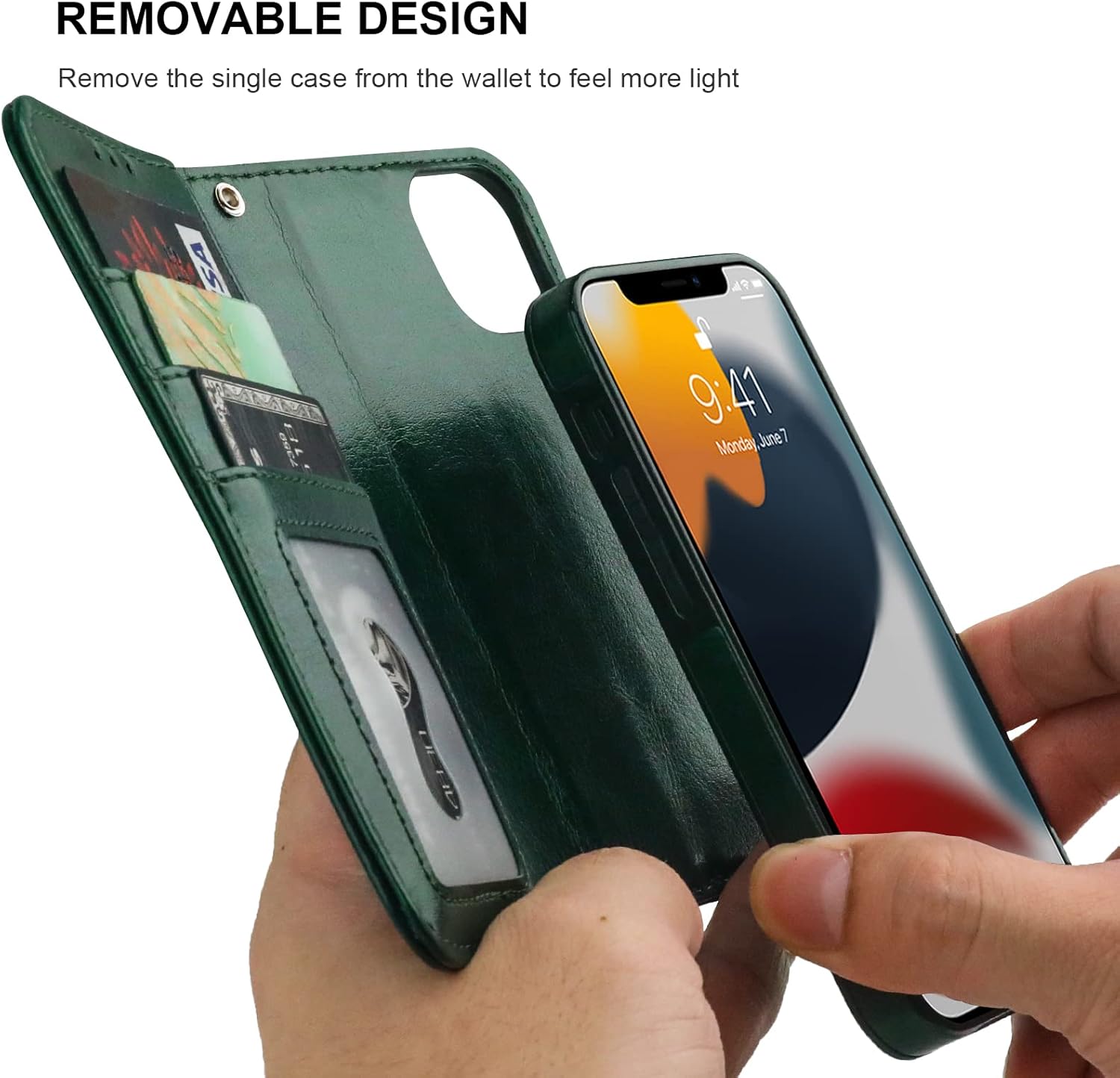 Bocasal Detachable Wallet Case for iPhone 13 Mini RFID Blocking Card Slots Holder Premium PU Leather Magnetic Kickstand Shockproof Wrist Strap Removable Flip Protective Cover 5G 5.4 inch (Green)