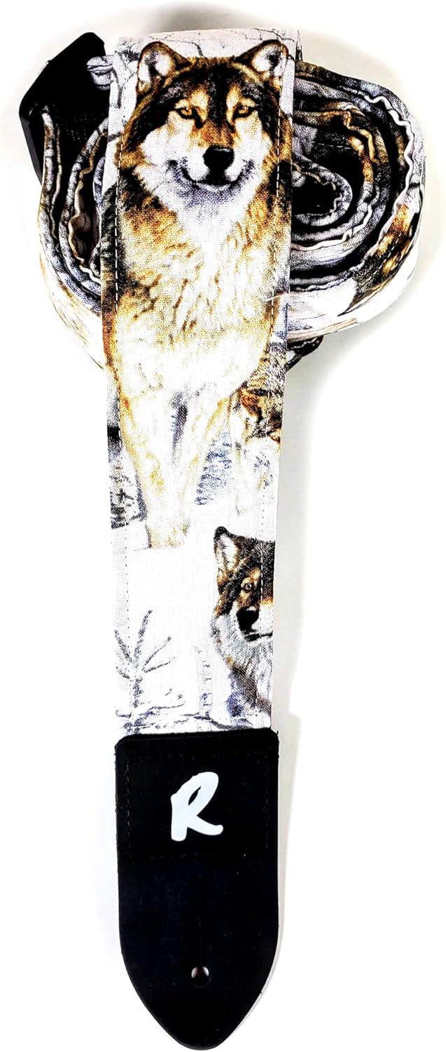 Wolf Snow Guitar Strap - Snowy Wolves, Genuine Leather Ends, Includes 2 Strap Locks & 1 Pick. Adjustable Strap, Pick Pocket, For Bass, Electric & Acoustic Guitars Gift for Guitar Players Men, Women