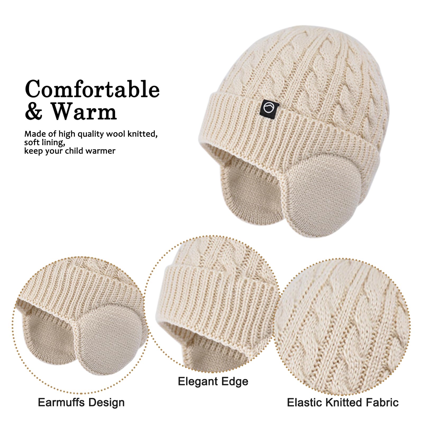 Niños Conjunto Gorro de Punto Bufanda Guantes Set 3 en 1, Invierno Cálidos Beanie con Orejeras Caliente Bufanda Pantalla Táctil Guantes para Niños Niñas 4-10 Años