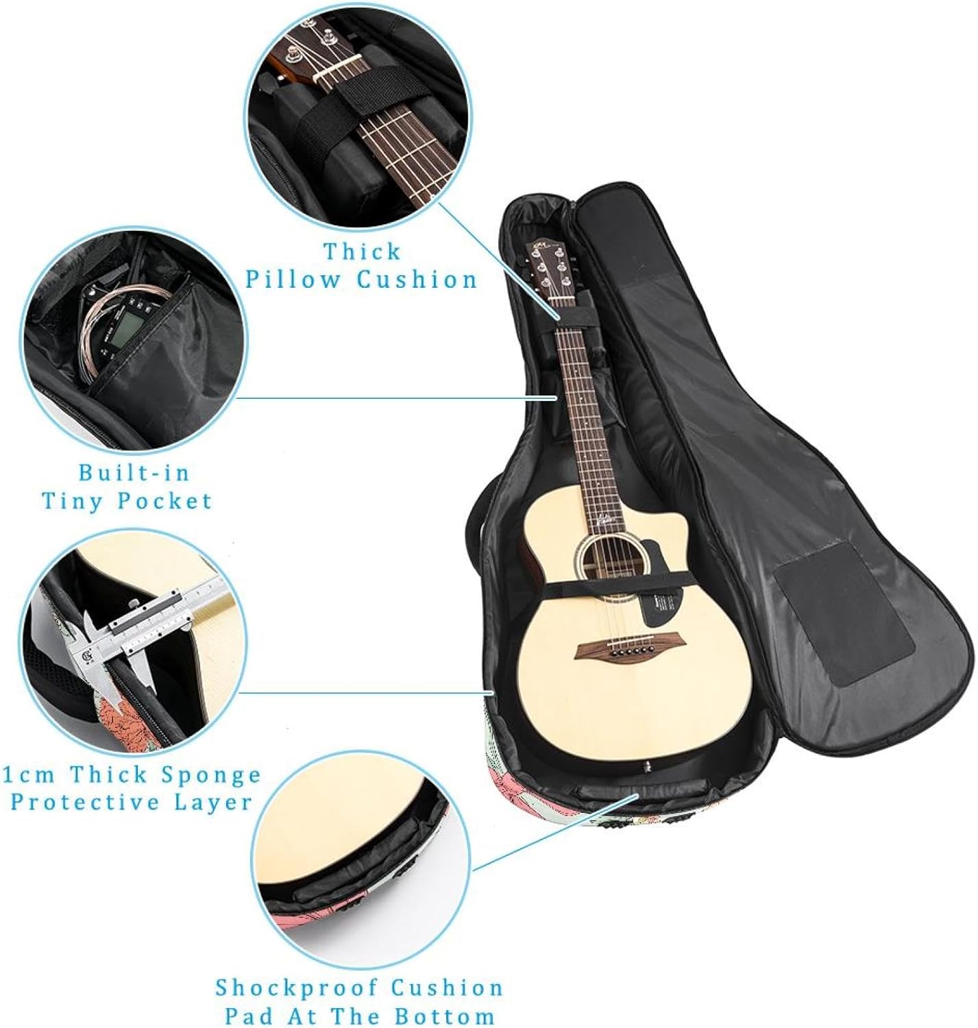 40 41 42 Inch Acoustic Guitar Bag, 0.4 In Thick Sponge Padded Guitar Case Gig Bag with Back Hanger Loop and 2 Pockets, Cute Pink Bow and Floral Pastel Background