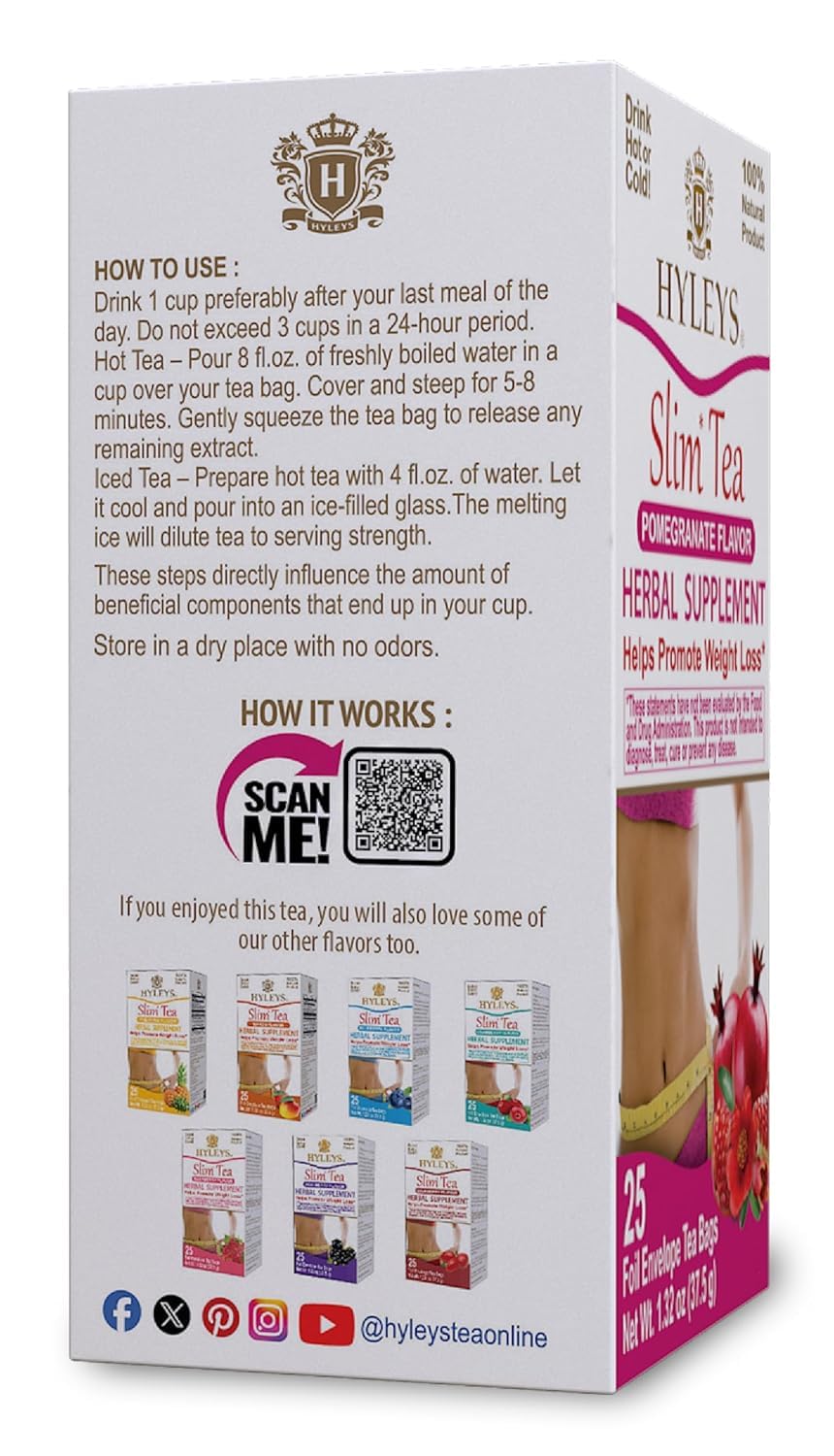 Hyleys Slim Tea Pomegranate Flavor - Weight Loss Herbal Supplement Cleanse and Detox - 25 Tea Bags (12 Pack)