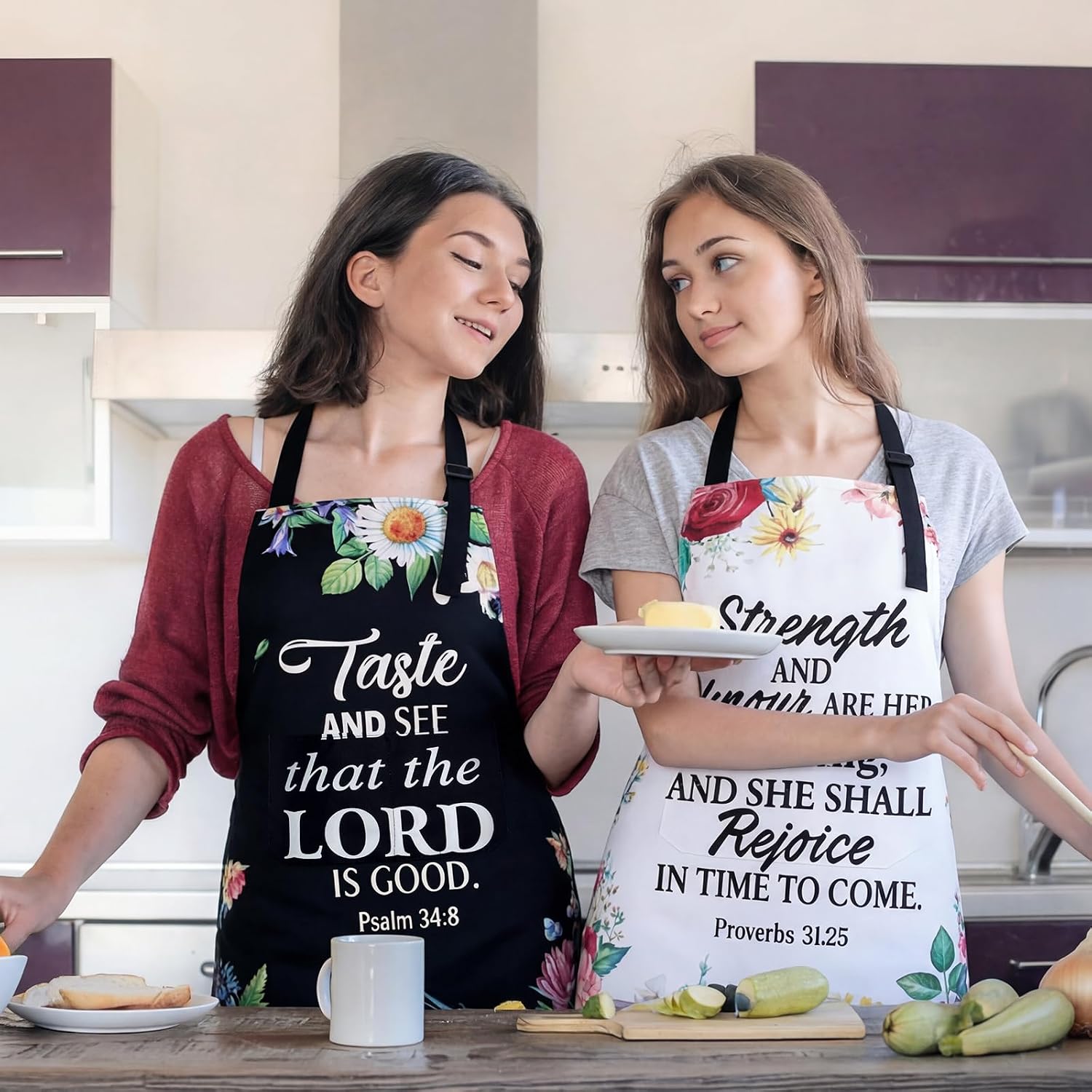Colarr 4 Pcs Christian Floral Apron Bulk with Pockets Religious Aprons Bible Inspirational Gift for Kitchen Church Favor