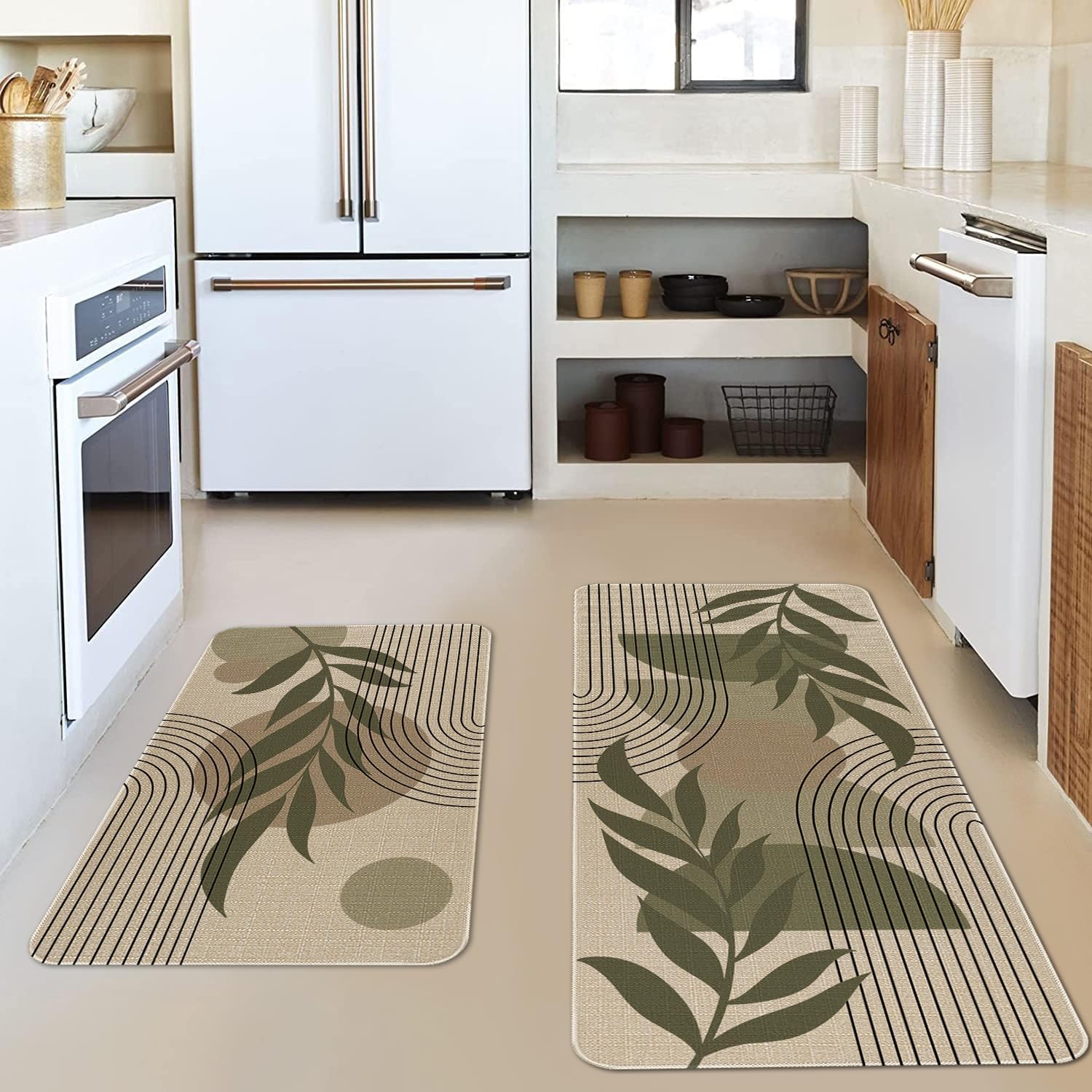 Green Mid Century Modern Kitchen Rugs and Mats Set of 2,Boho Farmhouse Style Abstract Tropical Leaf Kitchen Mat for Floor,Non-Slip Washable Kitchen Sink Mats Decor Doormat+Runner Rug