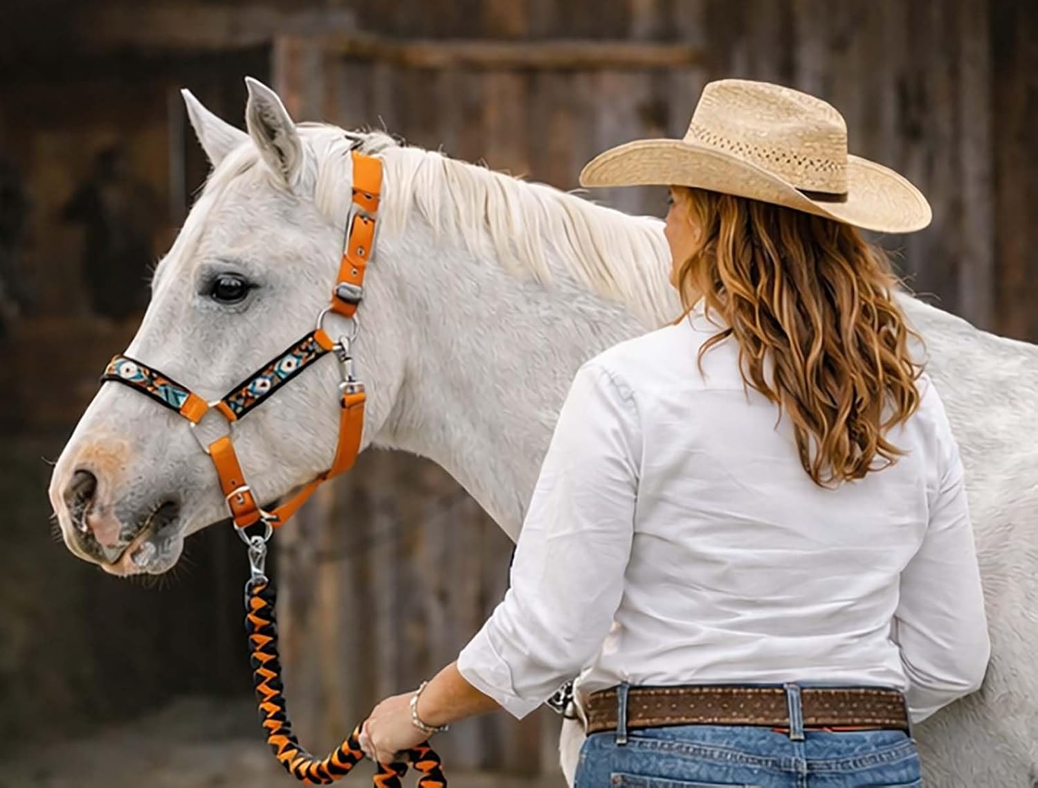 CHALLENGER Nylon Horse Beaded Halter Nickle Plated Hardware w/Lead Rope Tack Orange 606175OR