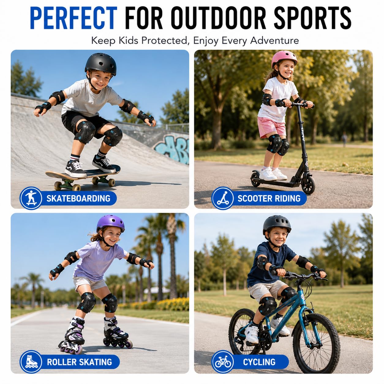 Ensemble de genouillères et coudières pour enfants - Équipement de protection réglable - Genouillères avec protège-poignet - Patins à roulettes pour filles
