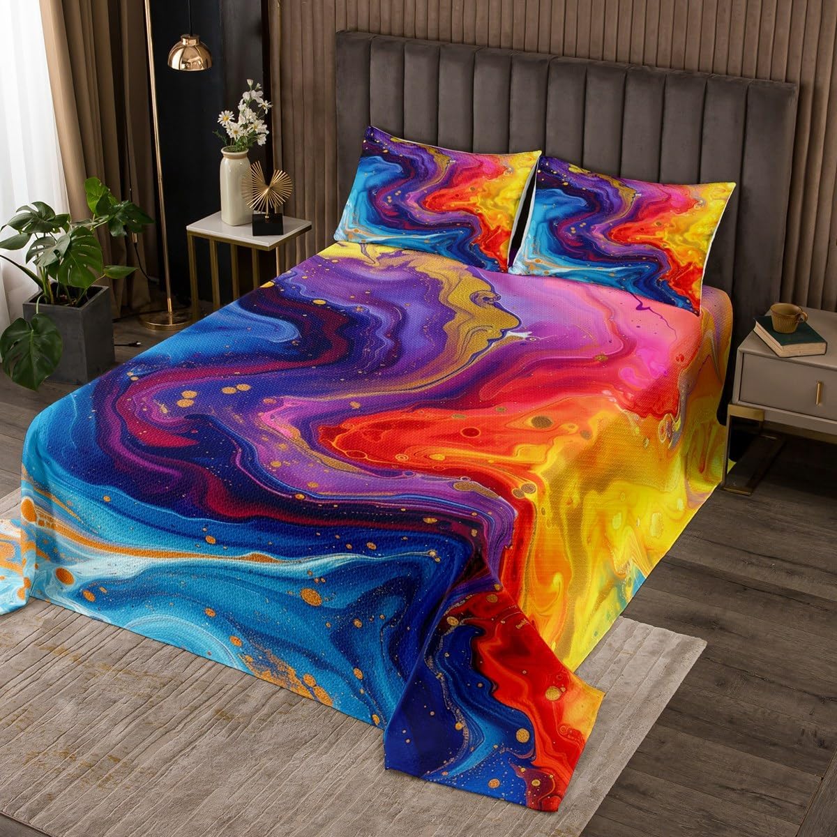 Manfei Marbling Kids Bedspread Queen Size,Abstract Marble Stone Luxury Texture Coverlet Set,Boys Girls Room Decor,Tie-dye Graffiti Artwork Style Quilted Coverlet,Colorful Bedding Quilt,2 Pillowcases