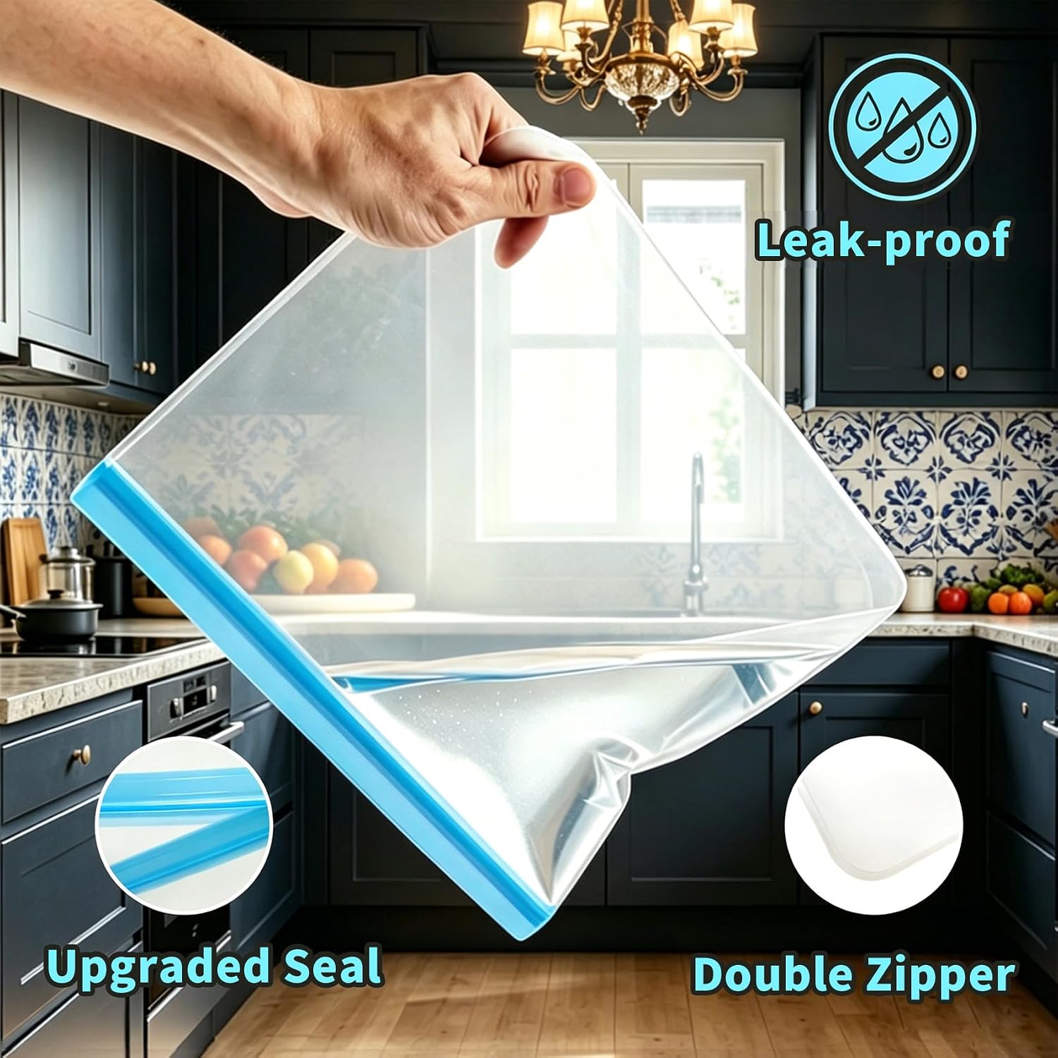 4 Pack Reusable Bags, Washable Silicone Freezer Bags for Sandwich, Fruit, Food Storage, Home Organization (4, Blue)