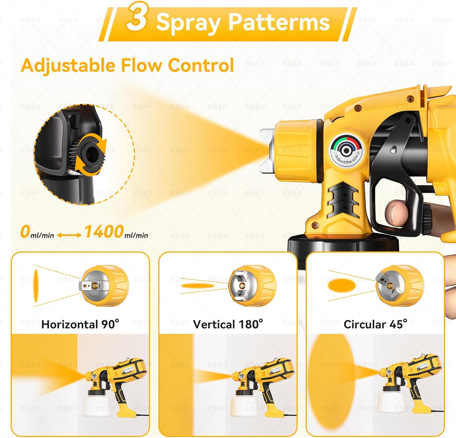 Paint Sprayer, Cosyjazz 1200W HVLP Spray Paint Gun with 5 Nozzles & 3 Spray Patterns, Adjustable Flow Control, 1400ml Container & Cleaning Tools, for House Painting, Fences, Cabinets, Walls etc.