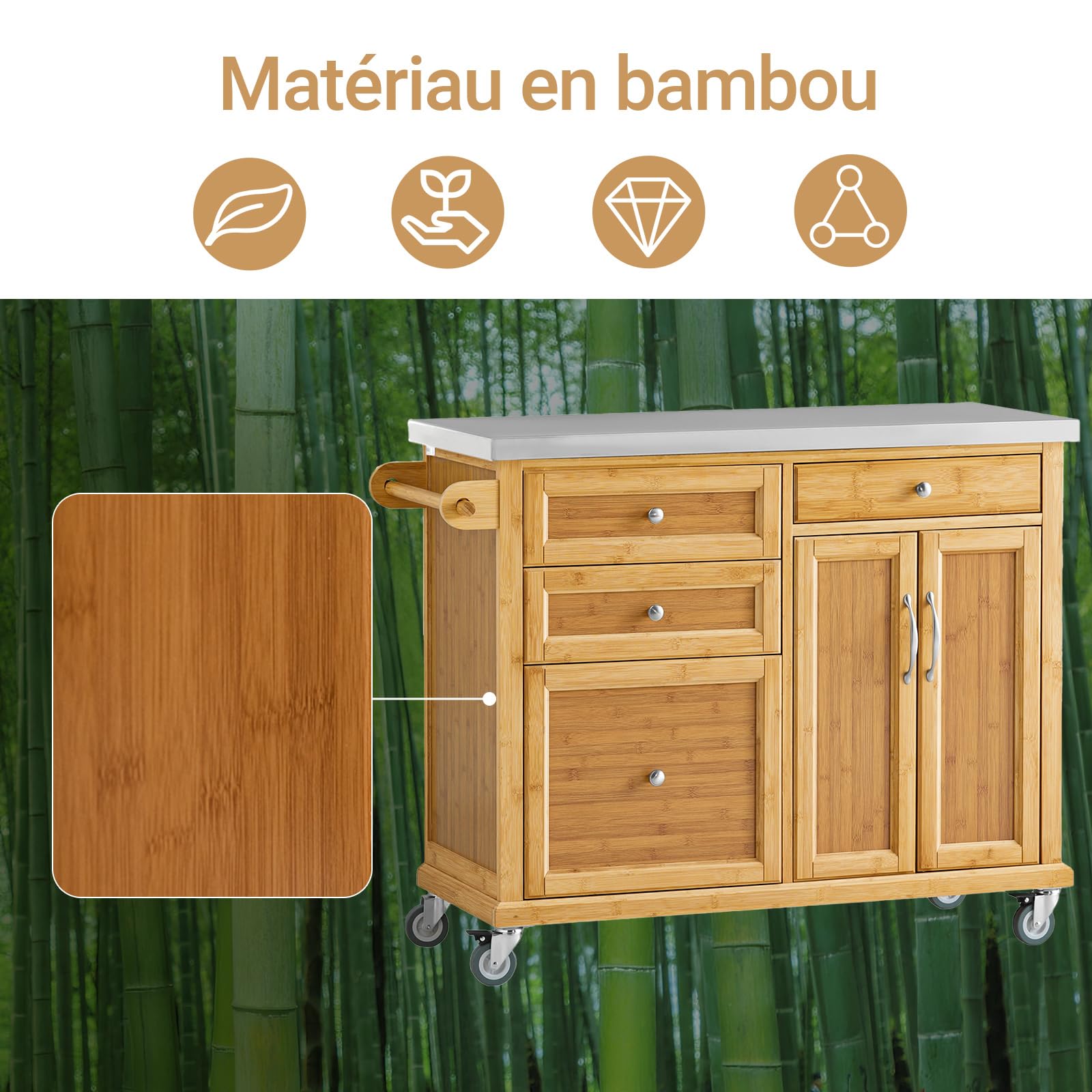 SoBuy Desserte de Cuisine à roulettes, Plan INOX & Freins, 115x92x46cm
