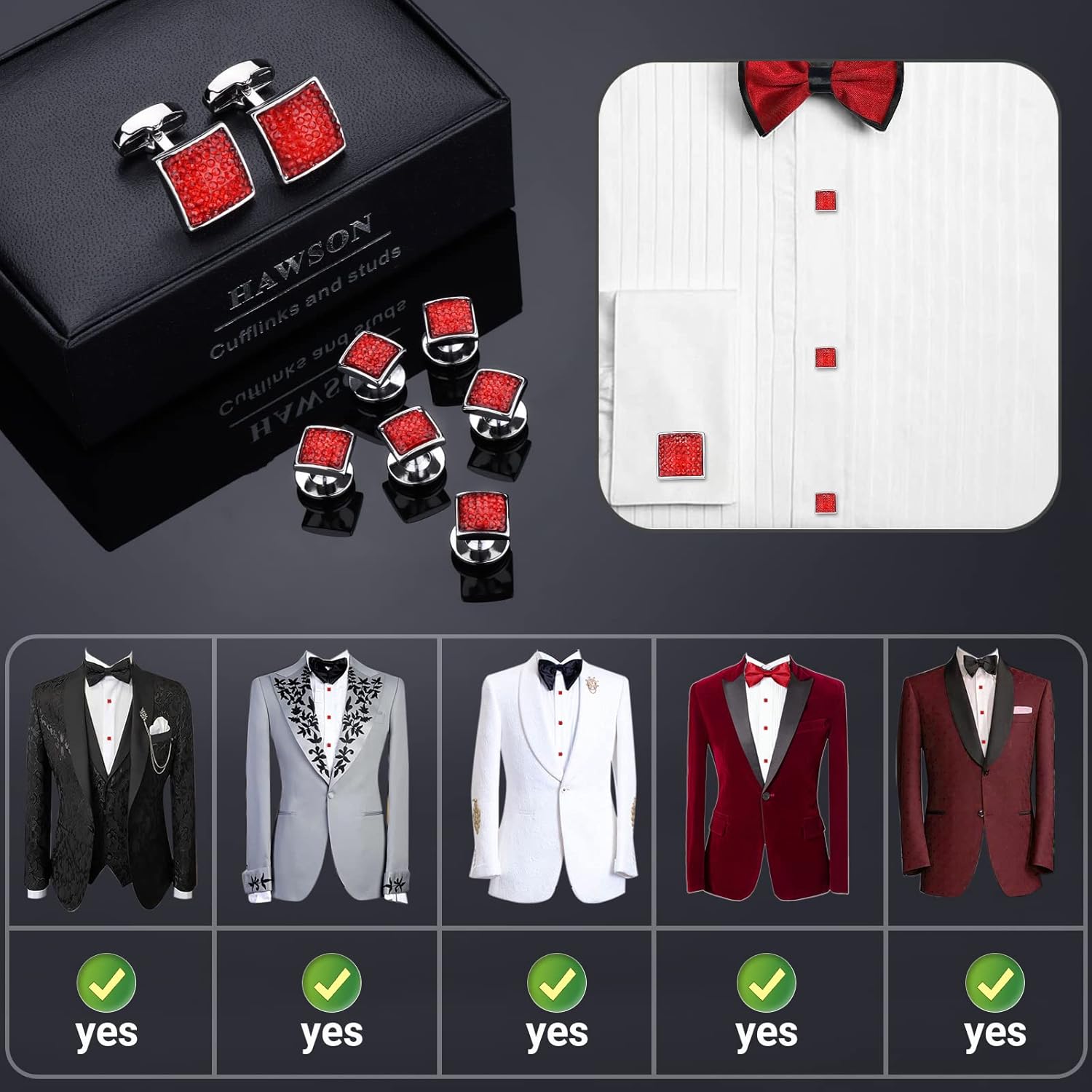 HAWSON Gentlemen's Cufflink for Men with 4/6 pcs Shirt Studs Set, Cuff Links with Tuxedo Shirt Studs for Weddling, Party - Image 4