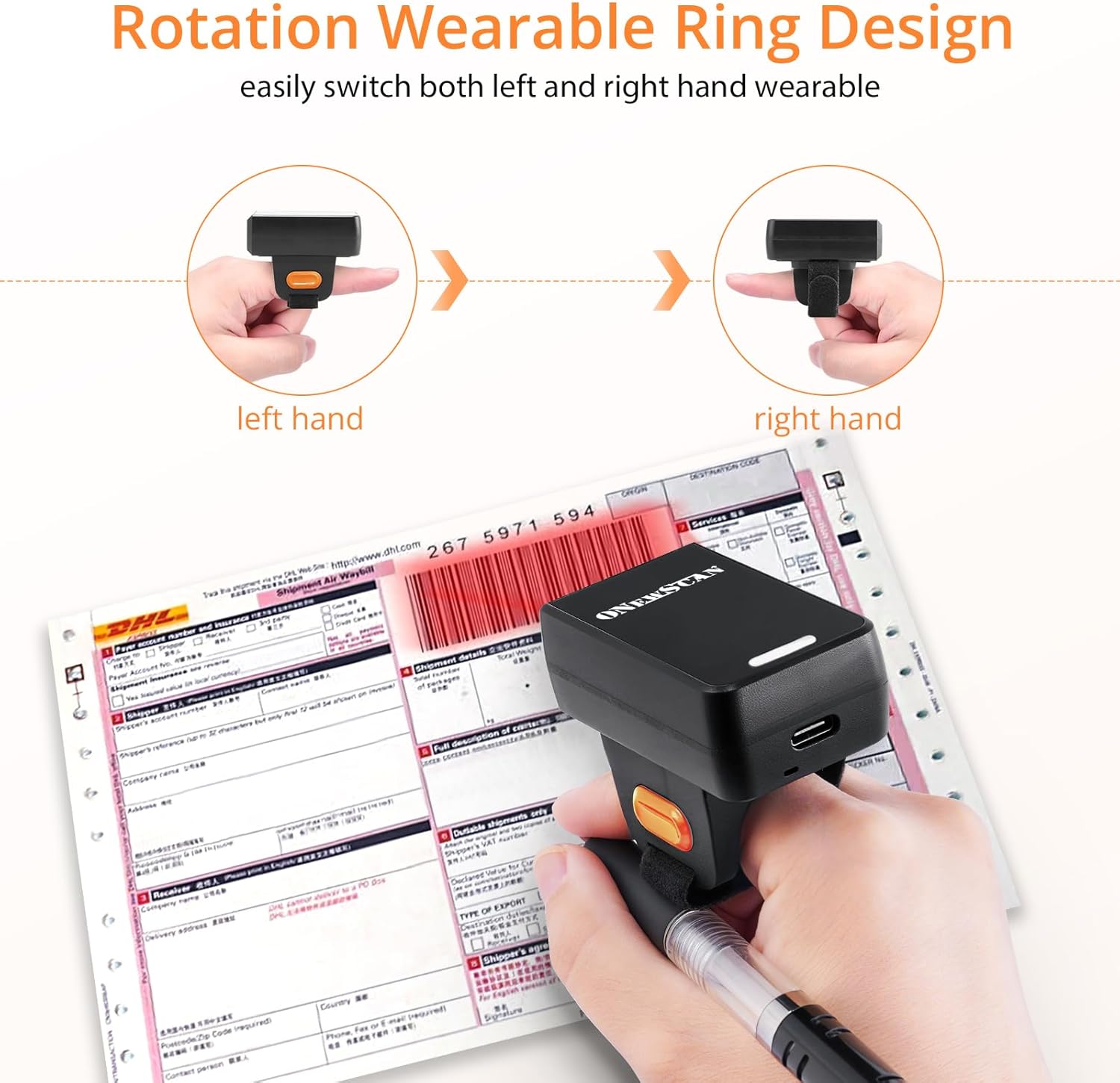 Barcode Scanner, Barcode Reader 1D 2D QR Mini Wireless Wearable Finger Scanner with 2.4GHz Wireless & Wired Connection & Bluetooth Ring Bar Code Scanners for iOS Android Win Warehouse Store