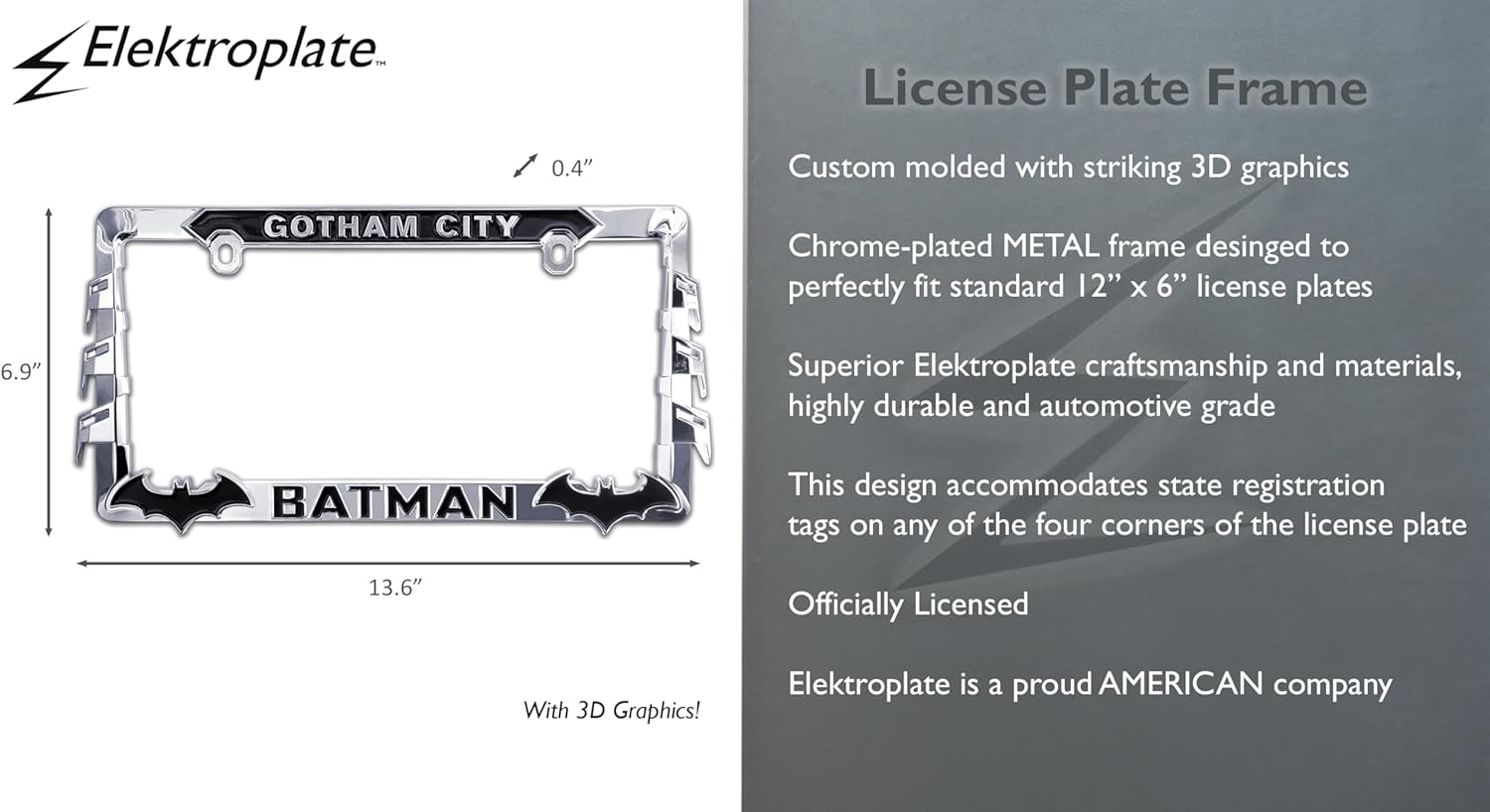 Elektroplate Officially Licensed - DC Comics Batman Chrome-Plated All-Metal Standard Size Premium 3D License Plate Frame Tag Holder for Cars/SUVs/Trucks Weather-Proof Automotive Accessory