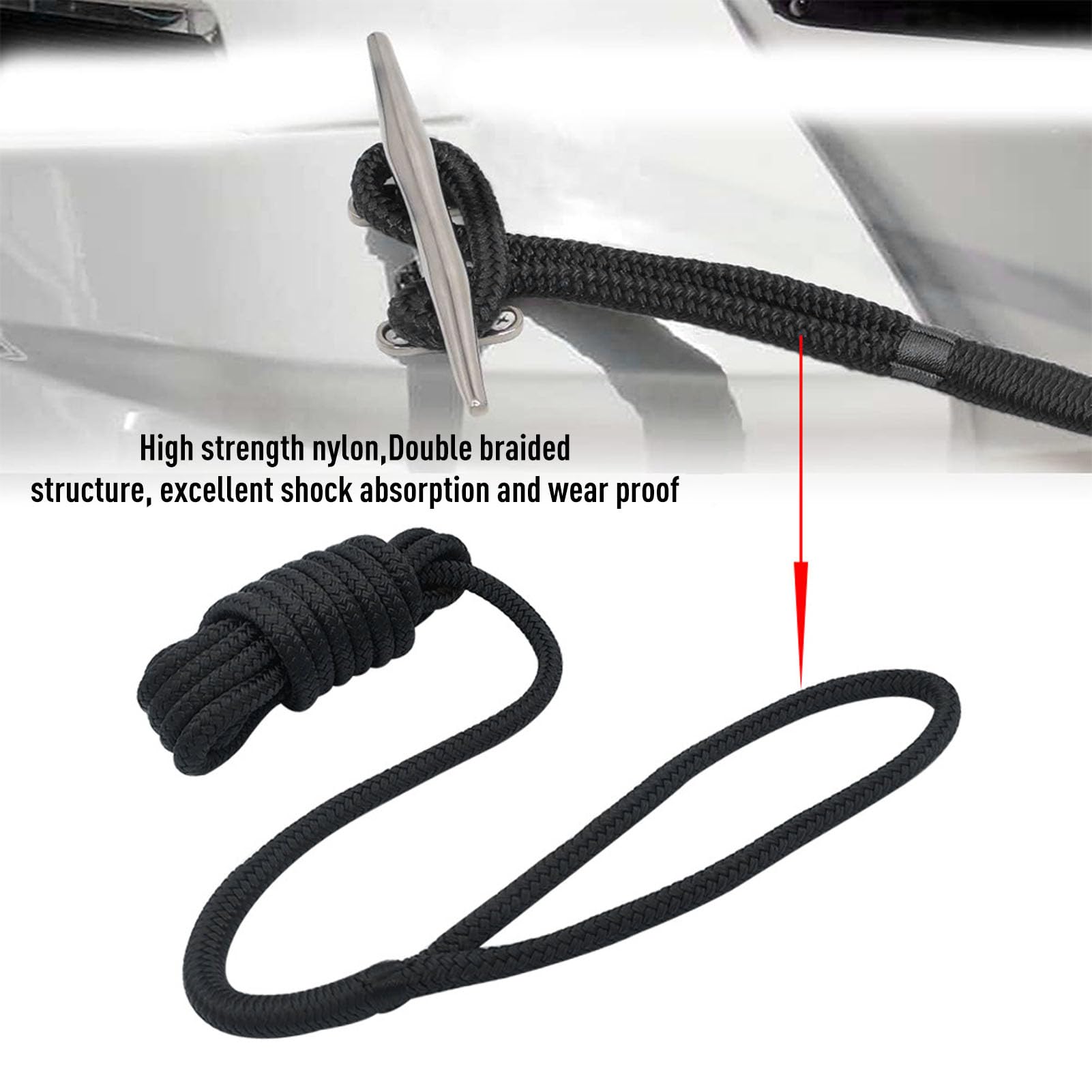 Jiawu Cime per Ormeggio per Barche, Corda Marina in Nylon Intrecciato Doppio da 1/2 Pollice X 15 Piedi con Anello da 12 Pollici per L'ormeggio Dell'ormeggio Nei Porti Turistici dei (BLACK)