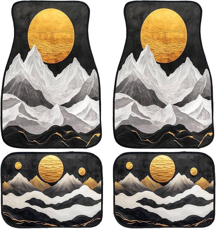 Kit de Tapetes Automotivos com Estampa Montanha Dourada Abstrata, 4 Peças, Borracha Antiderrapante, PTWZJN