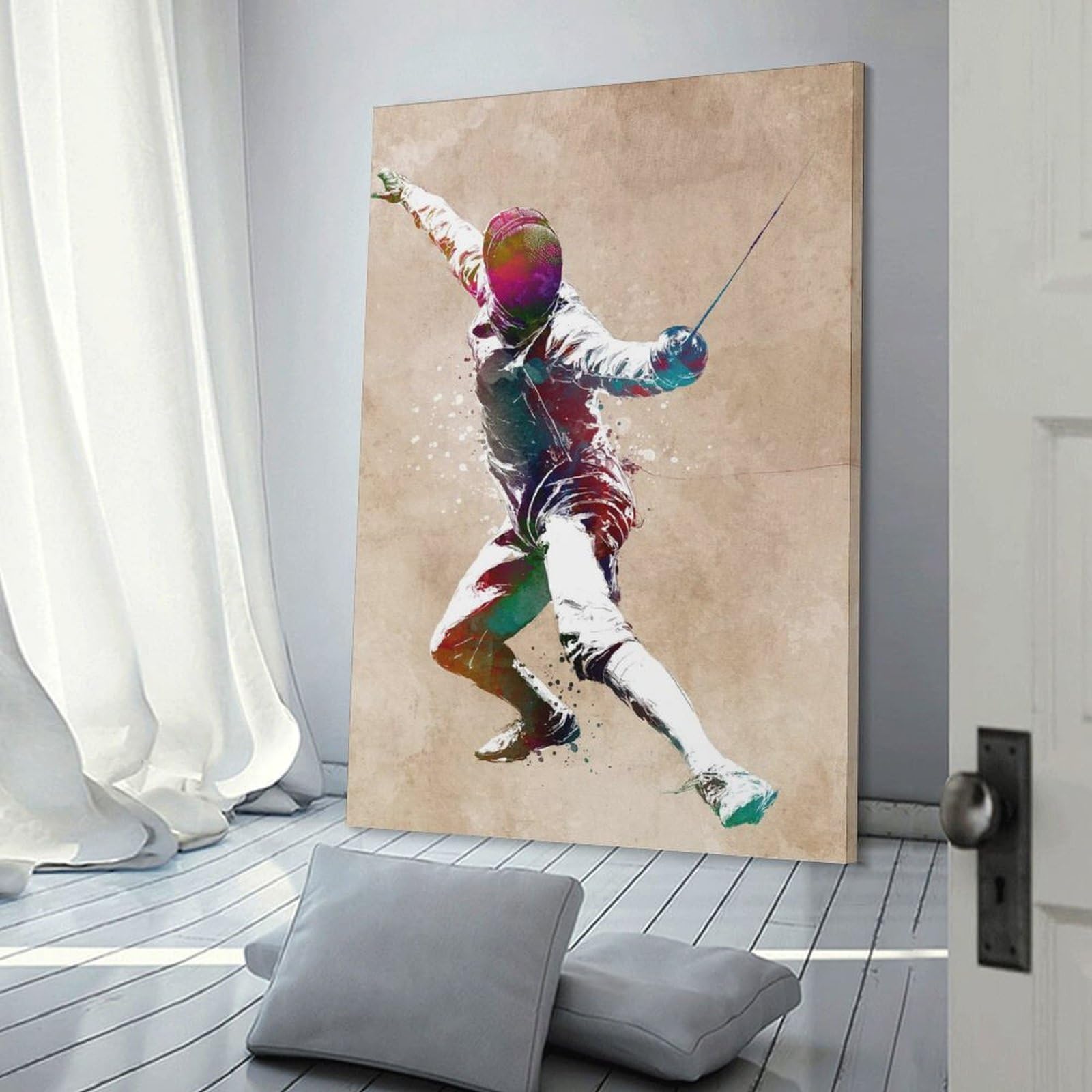 Junmoney Fencing Watercolor Art Room Decor Wall Art, 24x36inch(60x90cm), for Bedrooms, Workspaces And Everyday Interiors, An Adaptable Decor Piece for Home Use